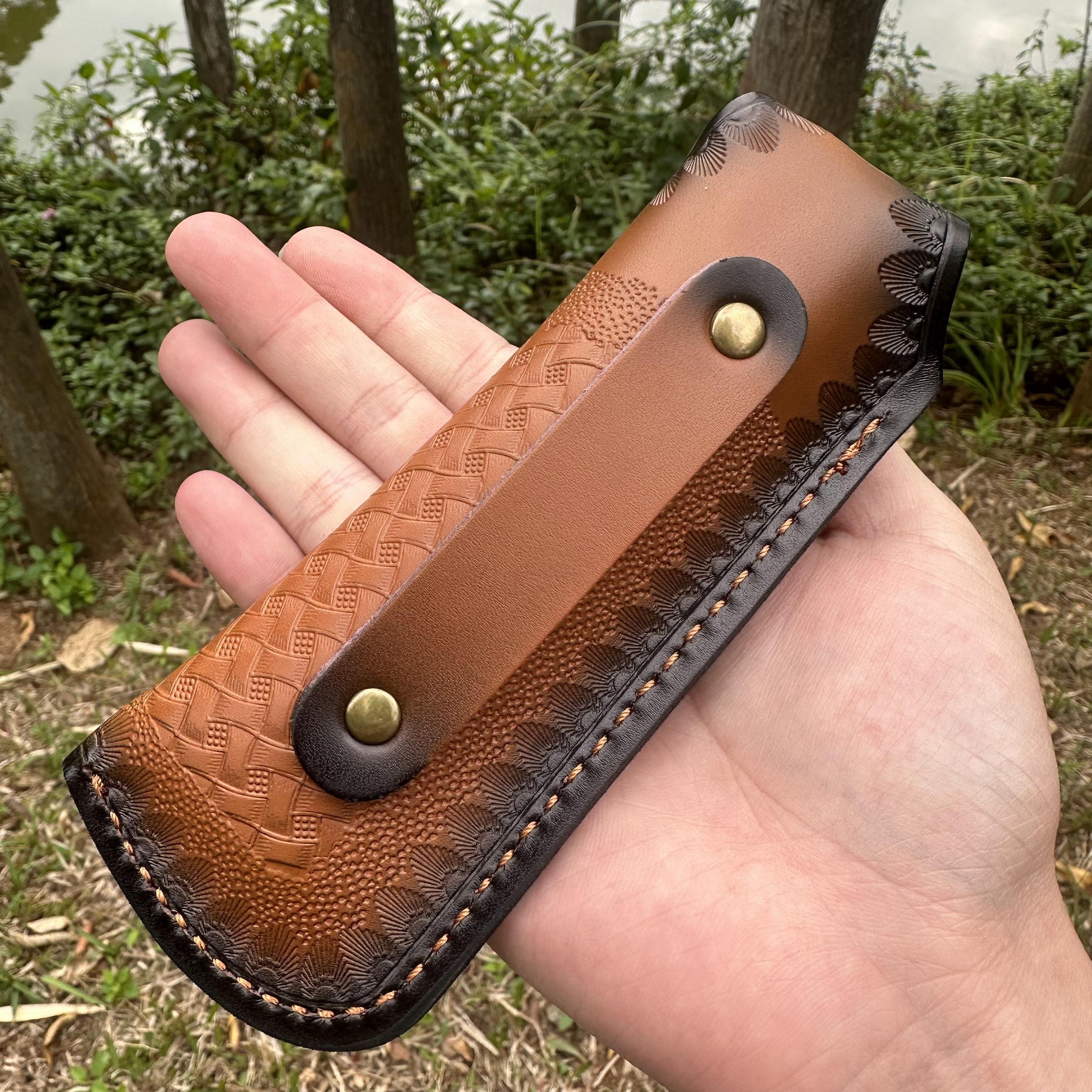 RJ18 D2 Blade Sandalwood Handle Pocket Knife Leather Sheath Liner Lock