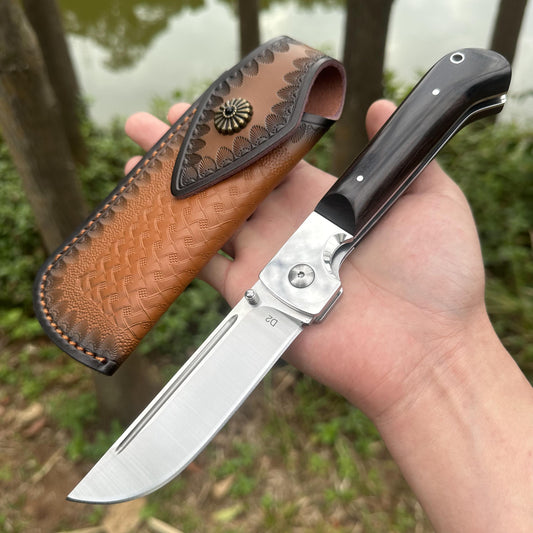 RJ18 D2 Blade Sandalwood Handle Pocket Knife Leather Sheath Liner Lock