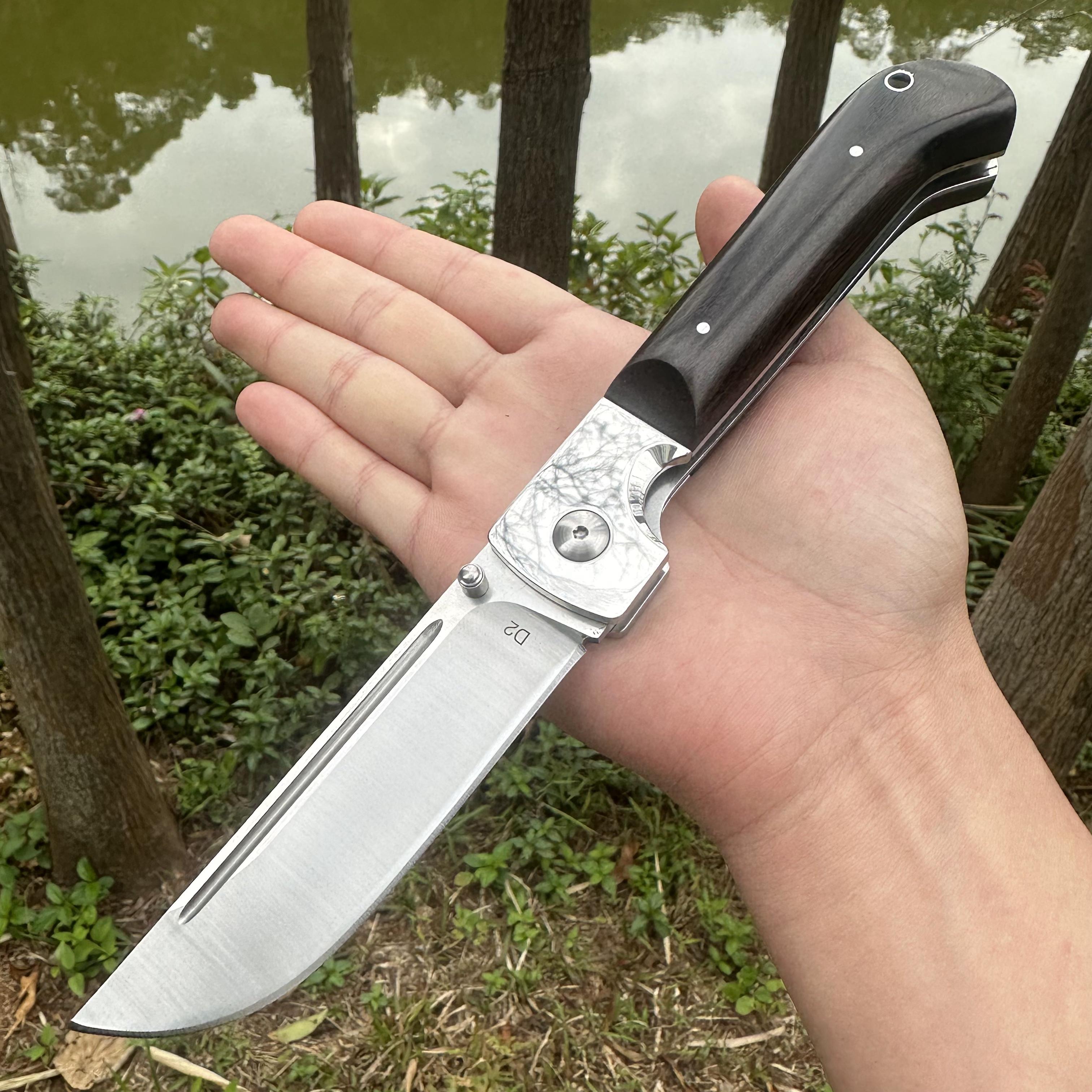 RJ18 D2 Blade Sandalwood Handle Pocket Knife Leather Sheath Liner Lock