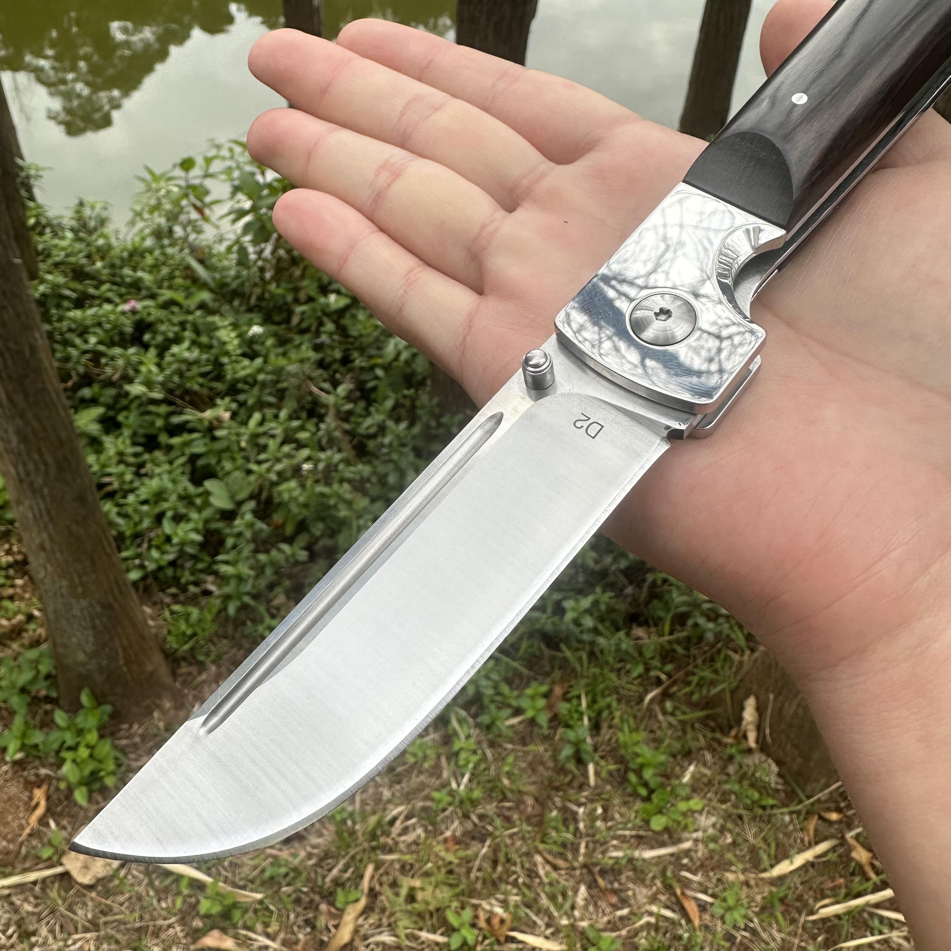 RJ18 D2 Blade Sandalwood Handle Pocket Knife Leather Sheath Liner Lock