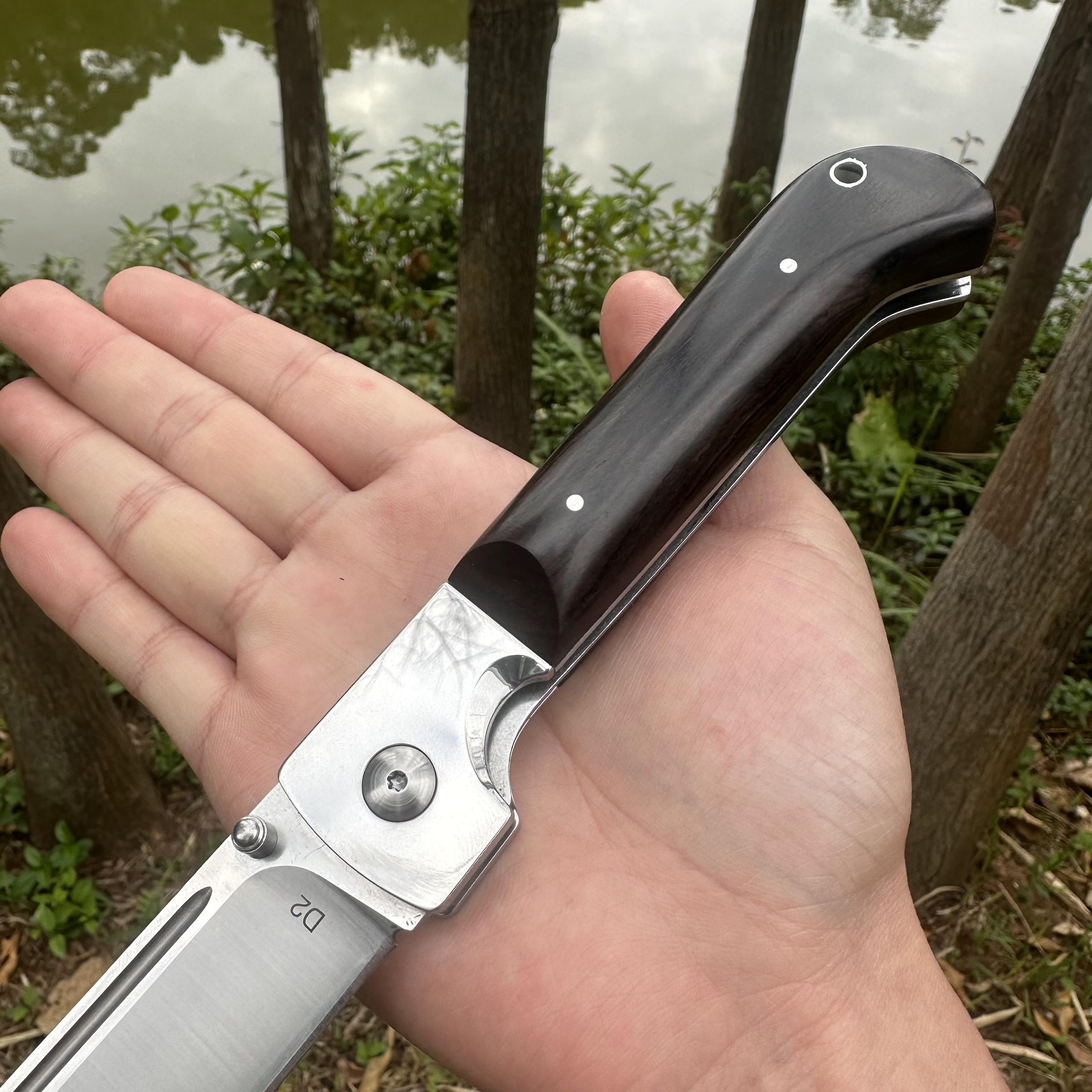 RJ18 D2 Blade Sandalwood Handle Pocket Knife Leather Sheath Liner Lock