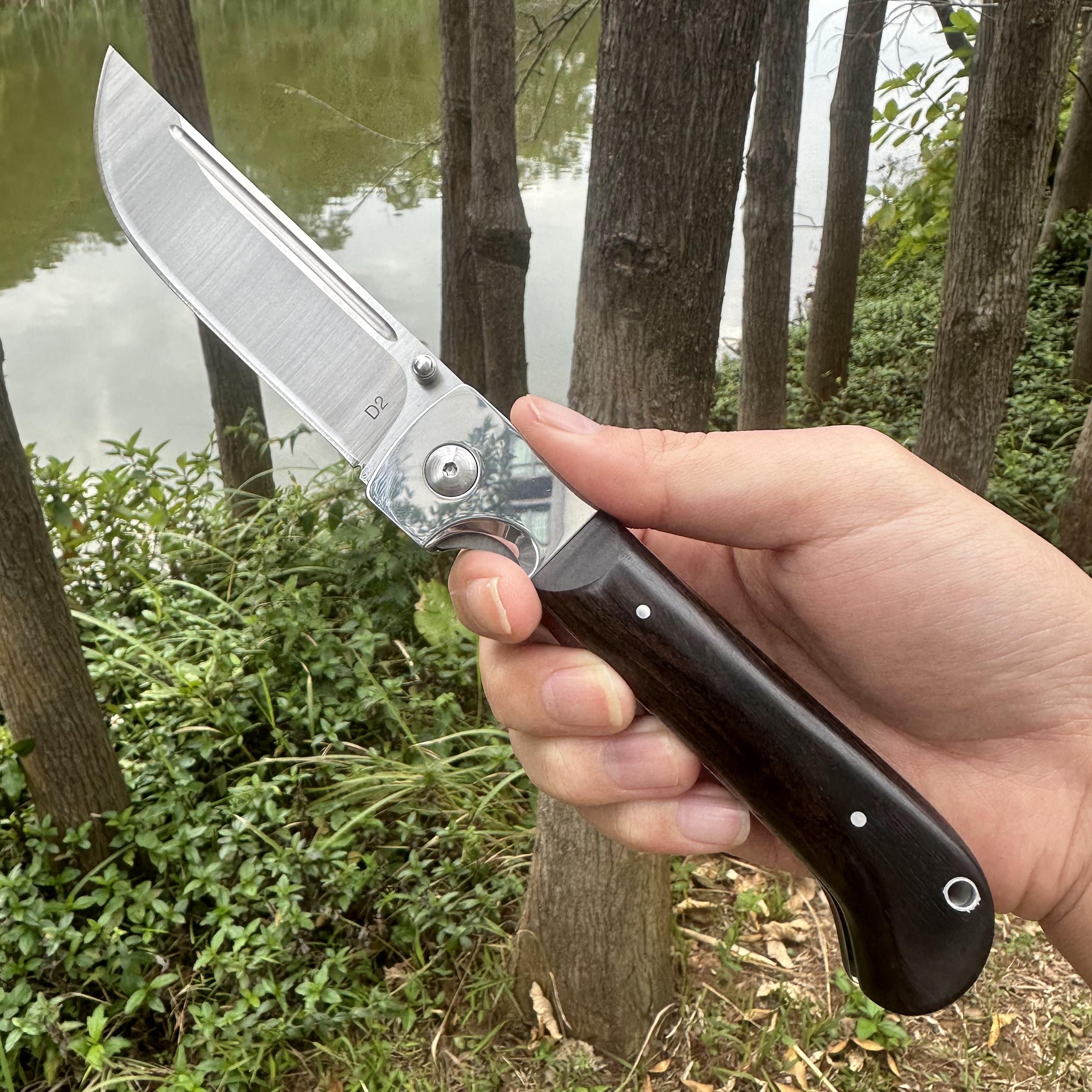 RJ18 D2 Blade Sandalwood Handle Pocket Knife Leather Sheath Liner Lock