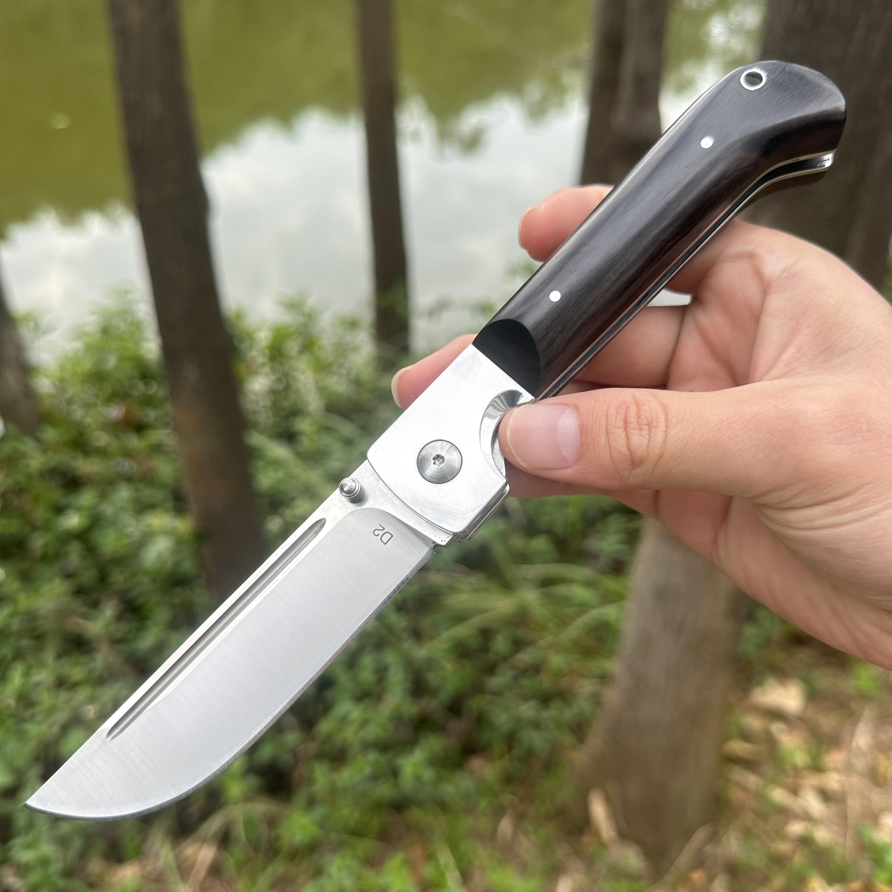 RJ18 D2 Blade Sandalwood Handle Pocket Knife Leather Sheath Liner Lock