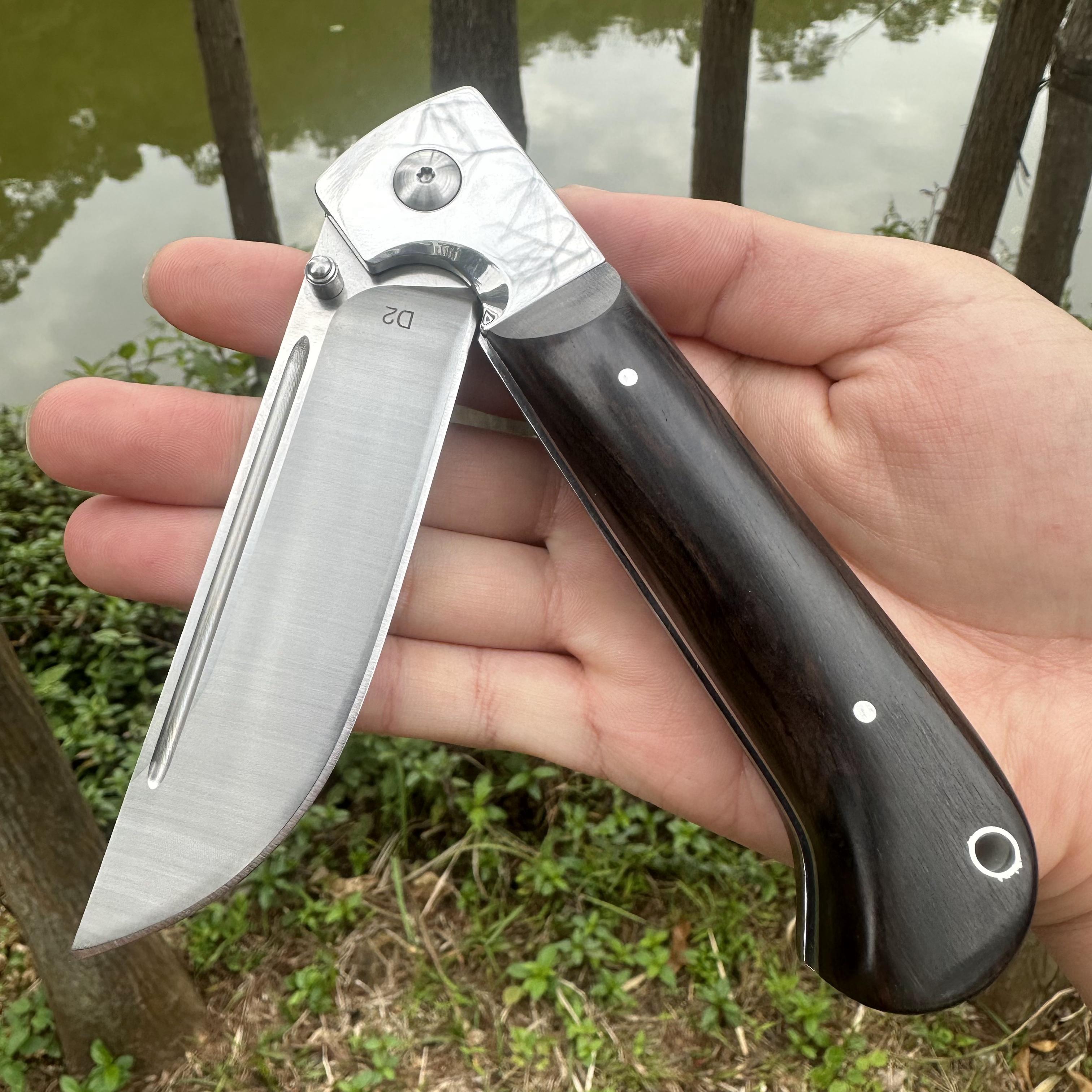 RJ18 D2 Blade Sandalwood Handle Pocket Knife Leather Sheath Liner Lock