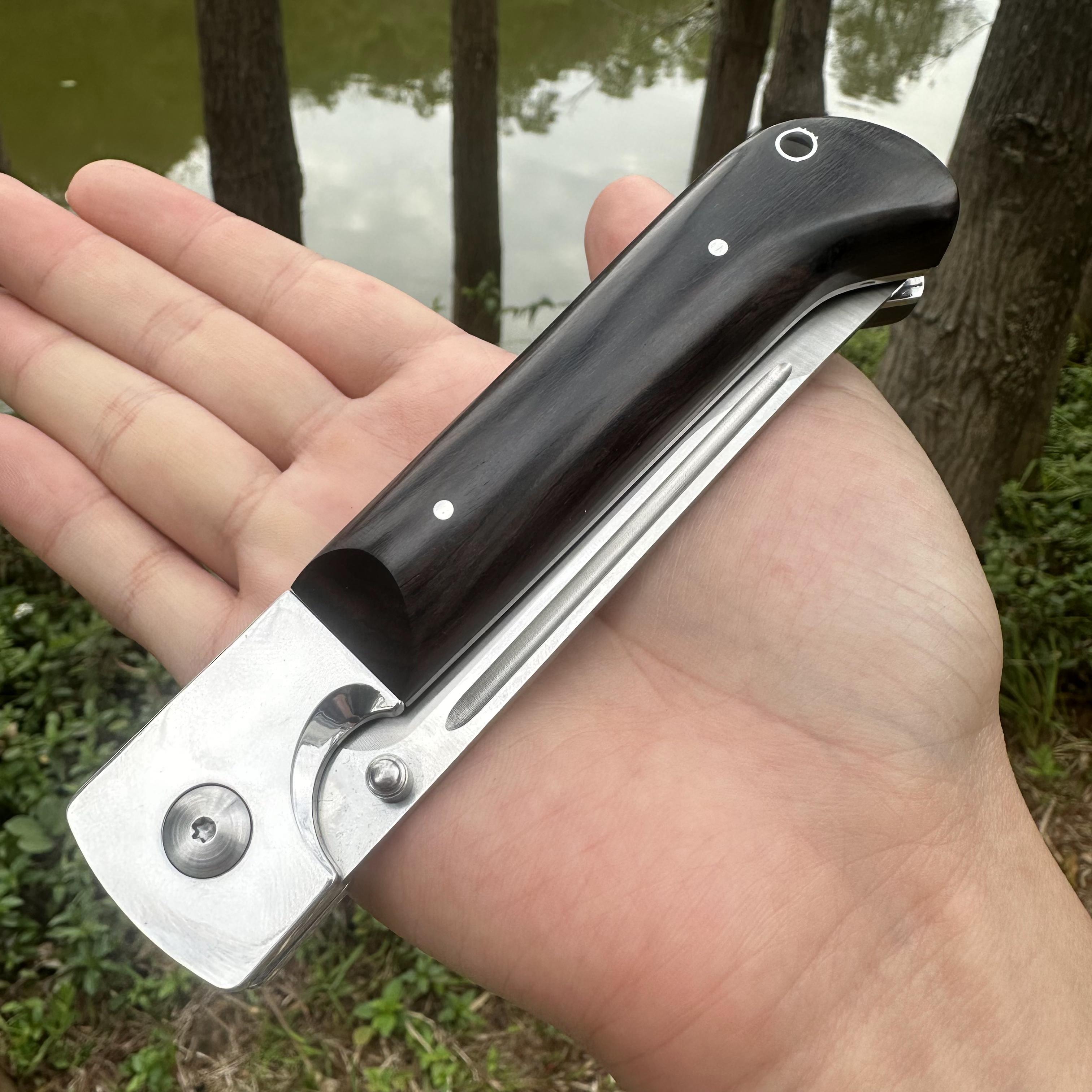 RJ18 D2 Blade Sandalwood Handle Pocket Knife Leather Sheath Liner Lock