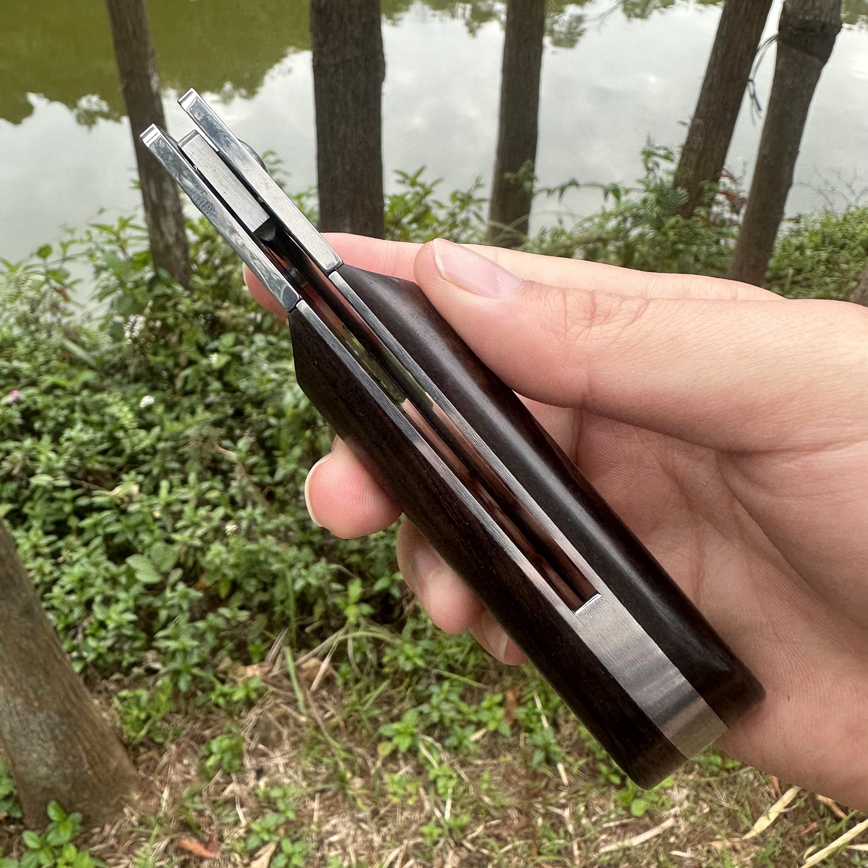 RJ18 D2 Blade Sandalwood Handle Pocket Knife Leather Sheath Liner Lock