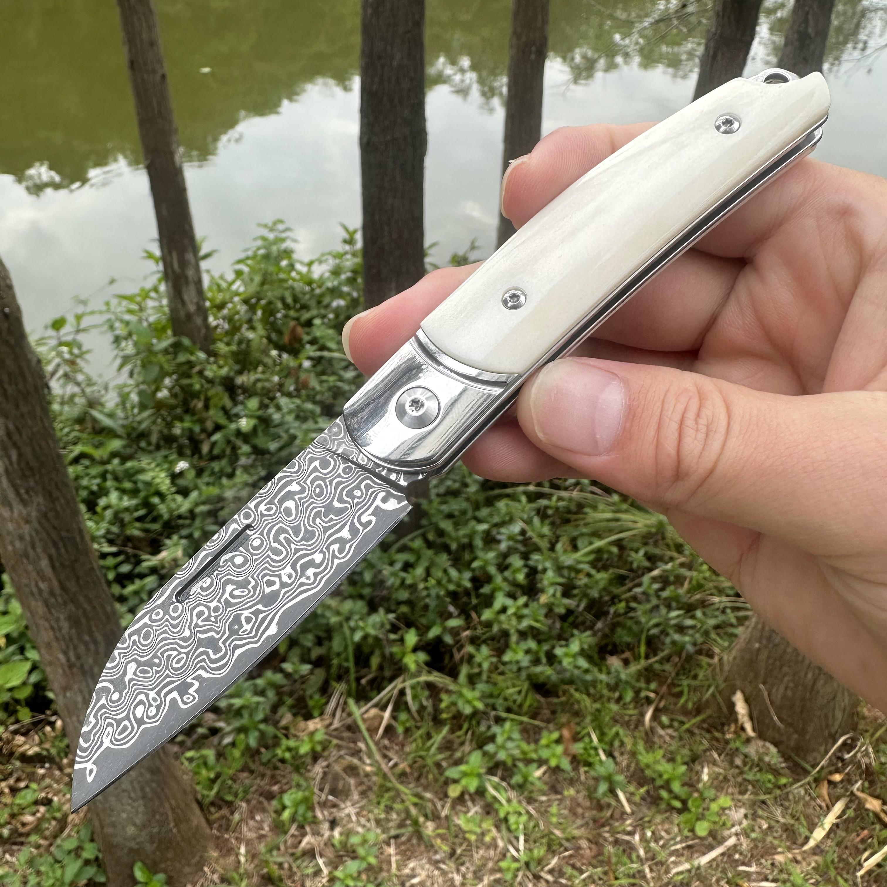 TF1042 Damascus VG10 Blade Beef Bone Handle Pocket Knife