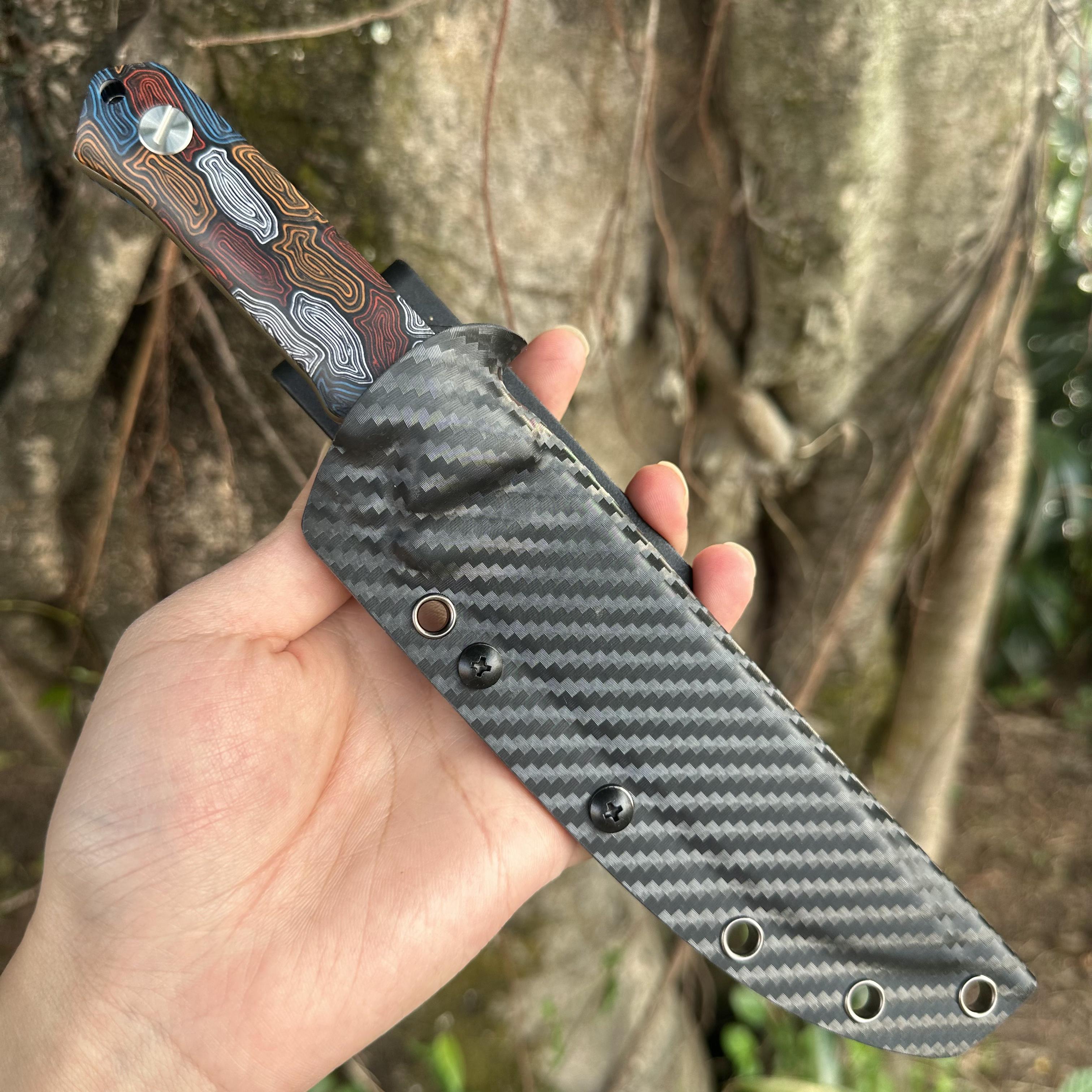 JG035 DC53 Steel Fixed Blade Knife Damascus G10 Handle Carbon Fiber Kydex Sheath