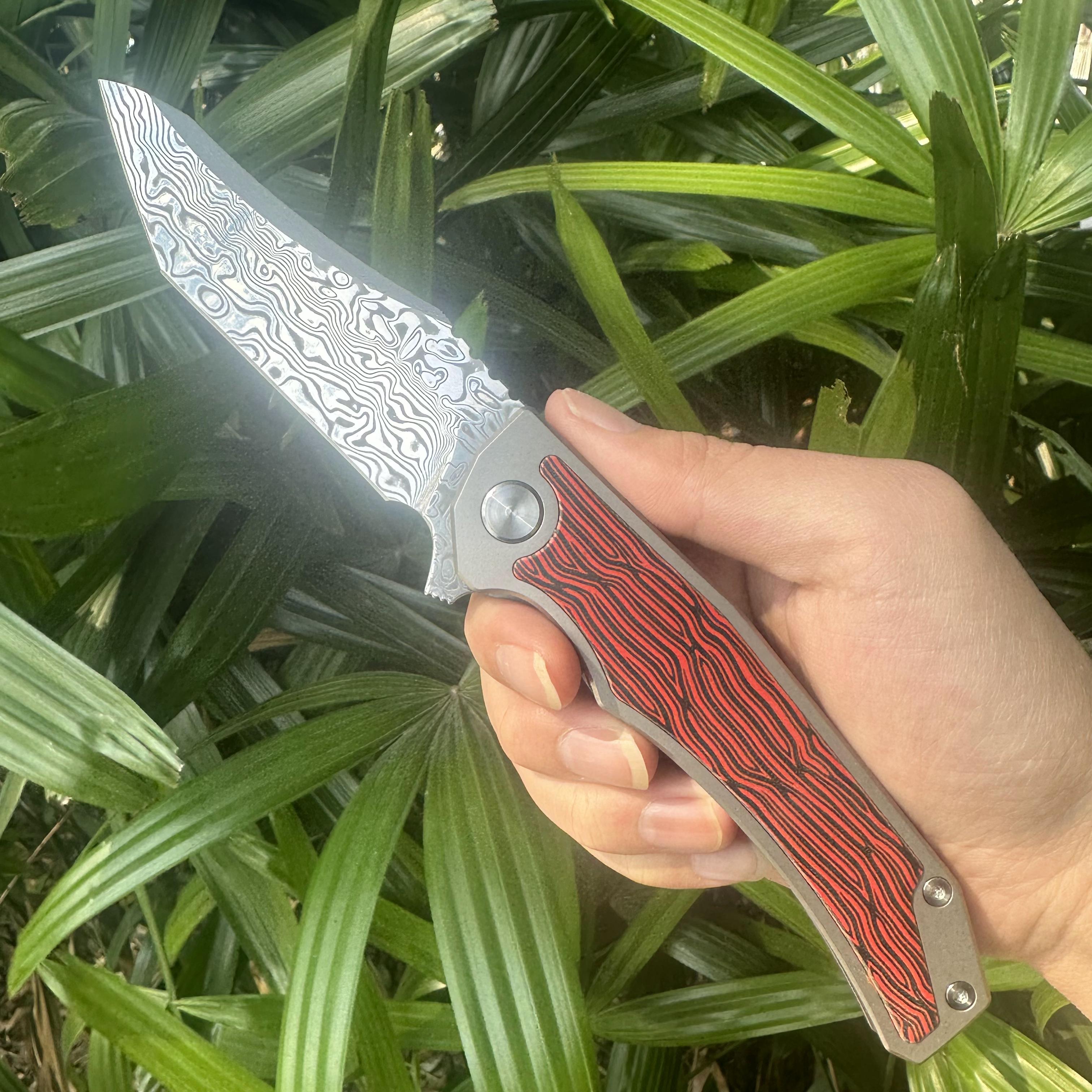 JG038 Damascus Powder Steel Blade Titanium Alloy Handle Pocket Knife Frame Lock