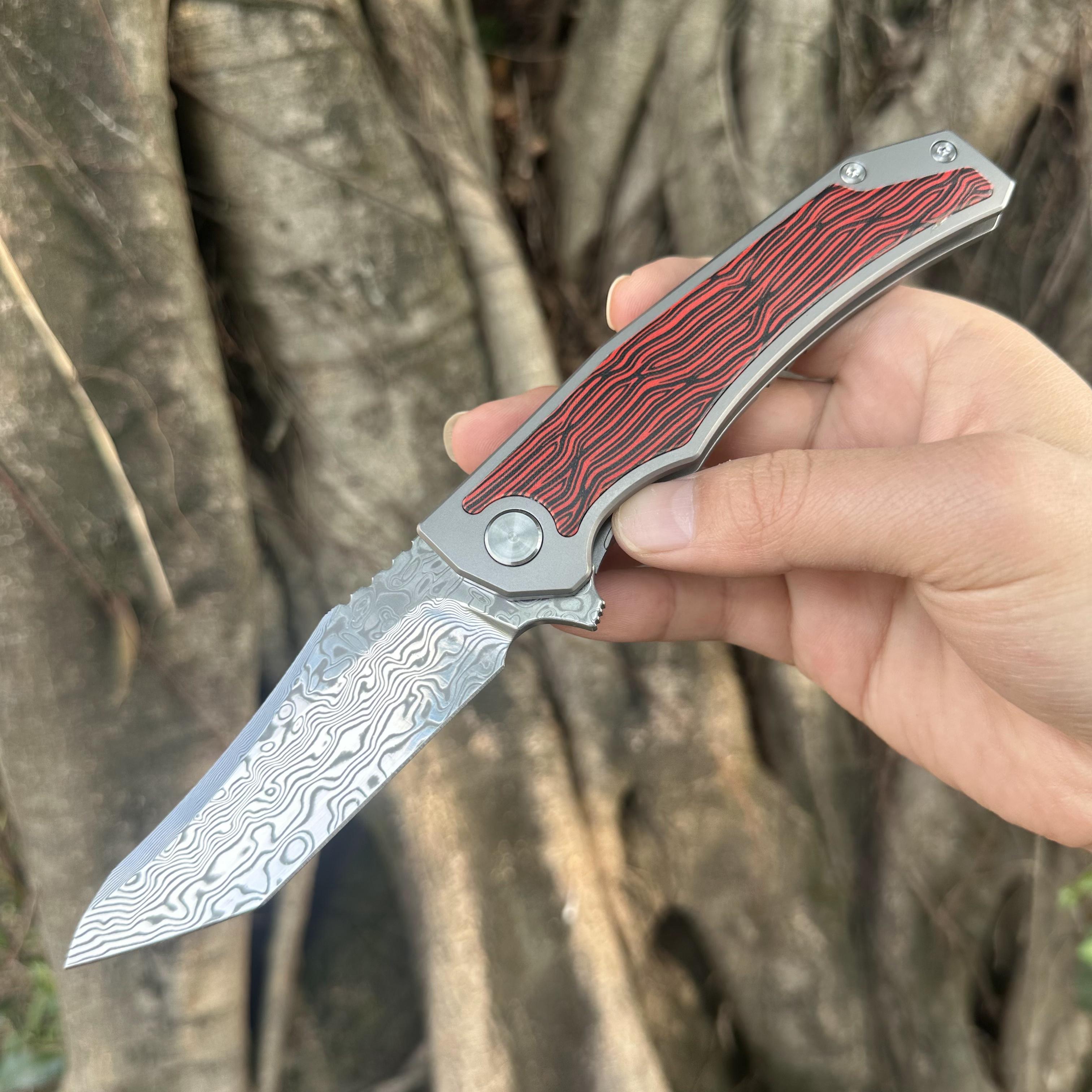 JG038 Damascus Powder Steel Blade Titanium Alloy Handle Pocket Knife Frame Lock