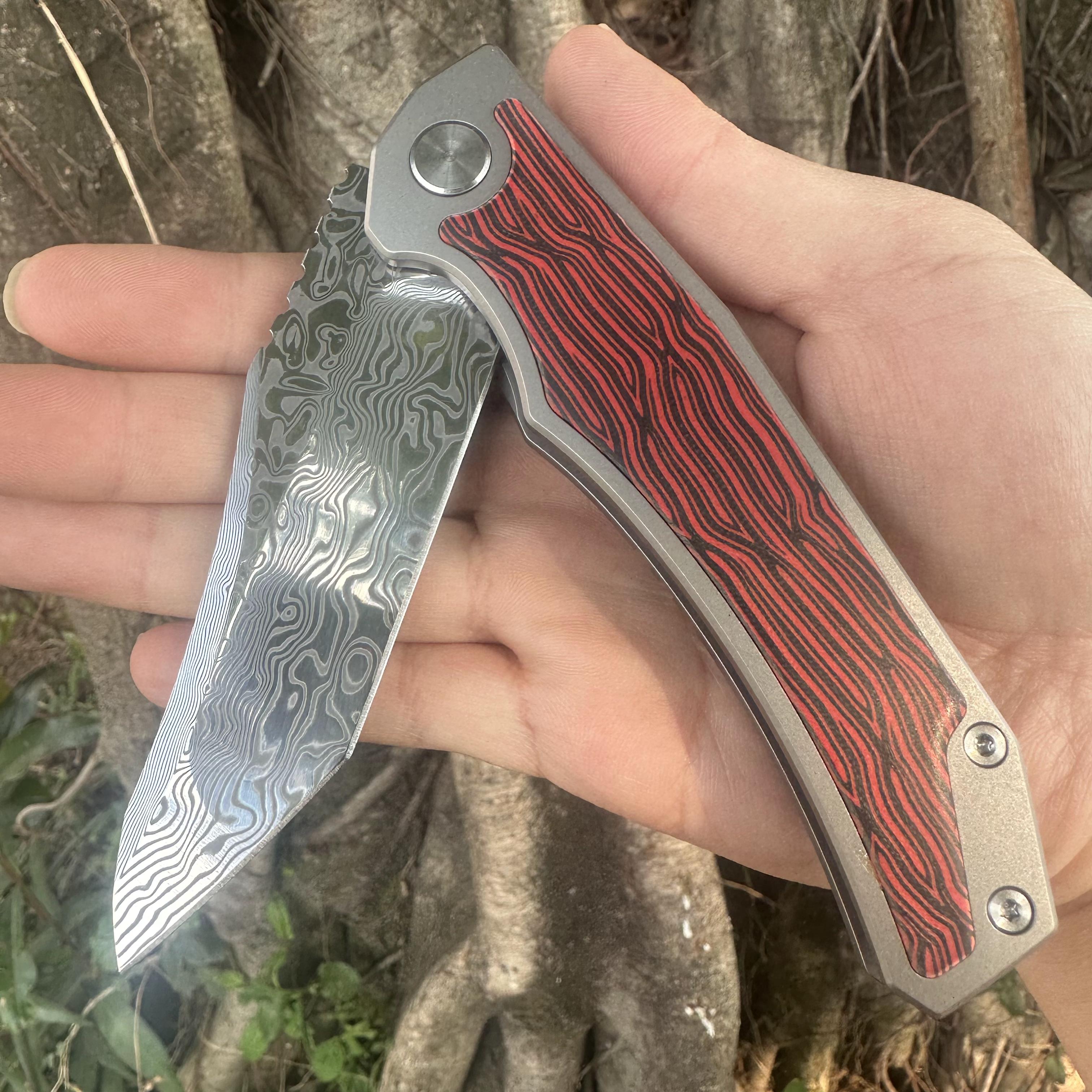 JG038 Damascus Powder Steel Blade Titanium Alloy Handle Pocket Knife Frame Lock