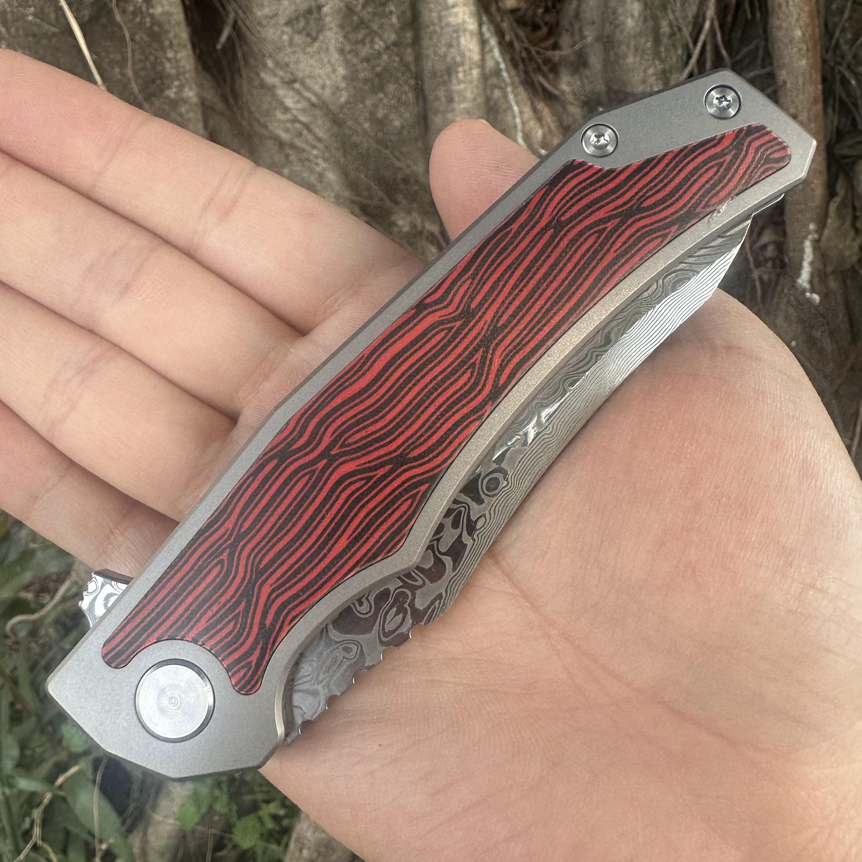 JG038 Damascus Powder Steel Blade Titanium Alloy Handle Pocket Knife Frame Lock