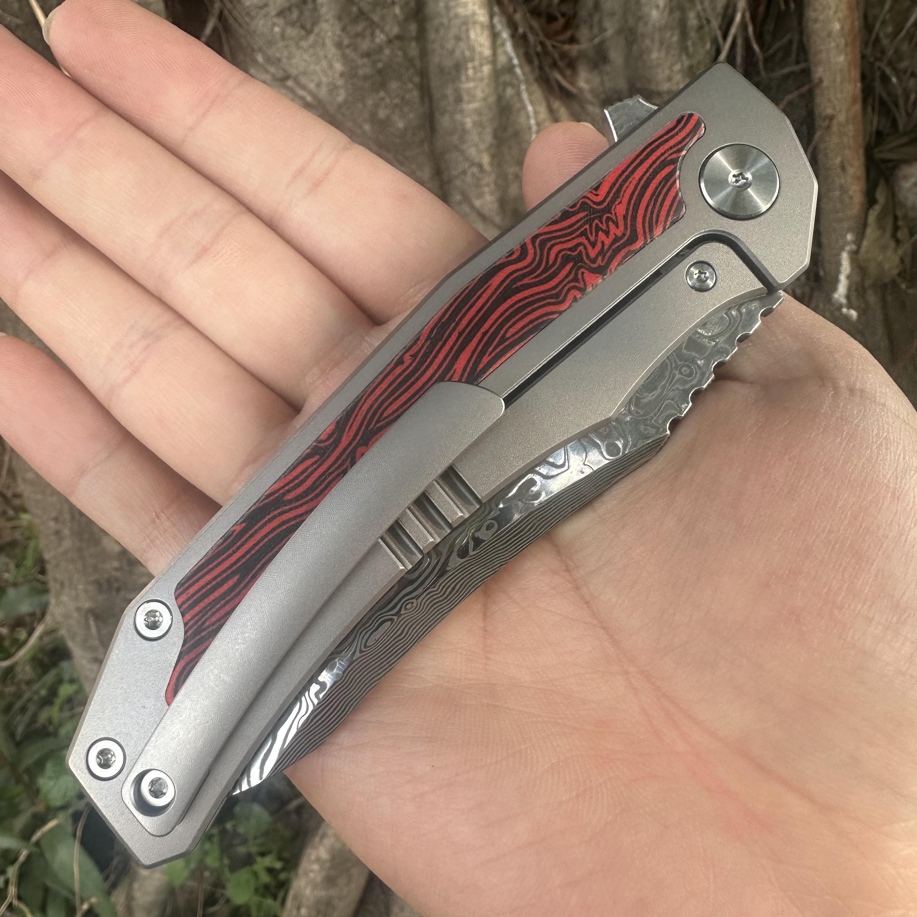 JG038 Damascus Powder Steel Blade Titanium Alloy Handle Pocket Knife Frame Lock