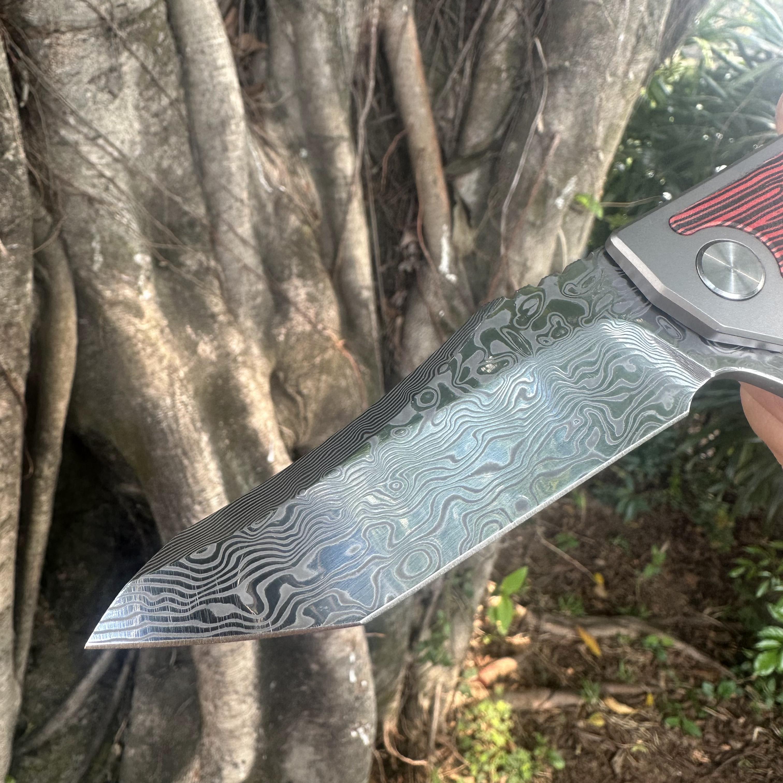 JG038 Damascus Powder Steel Blade Titanium Alloy Handle Pocket Knife Frame Lock