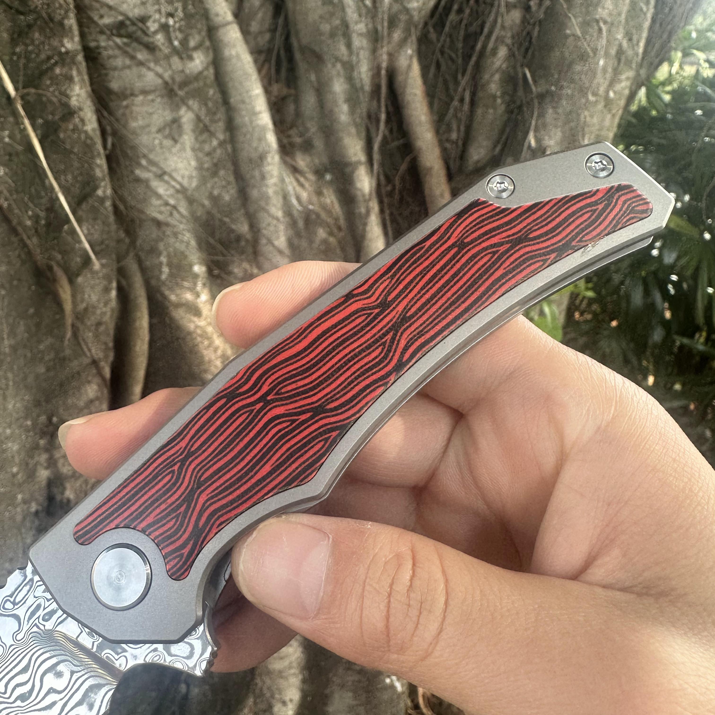 JG038 Damascus Powder Steel Blade Titanium Alloy Handle Pocket Knife Frame Lock