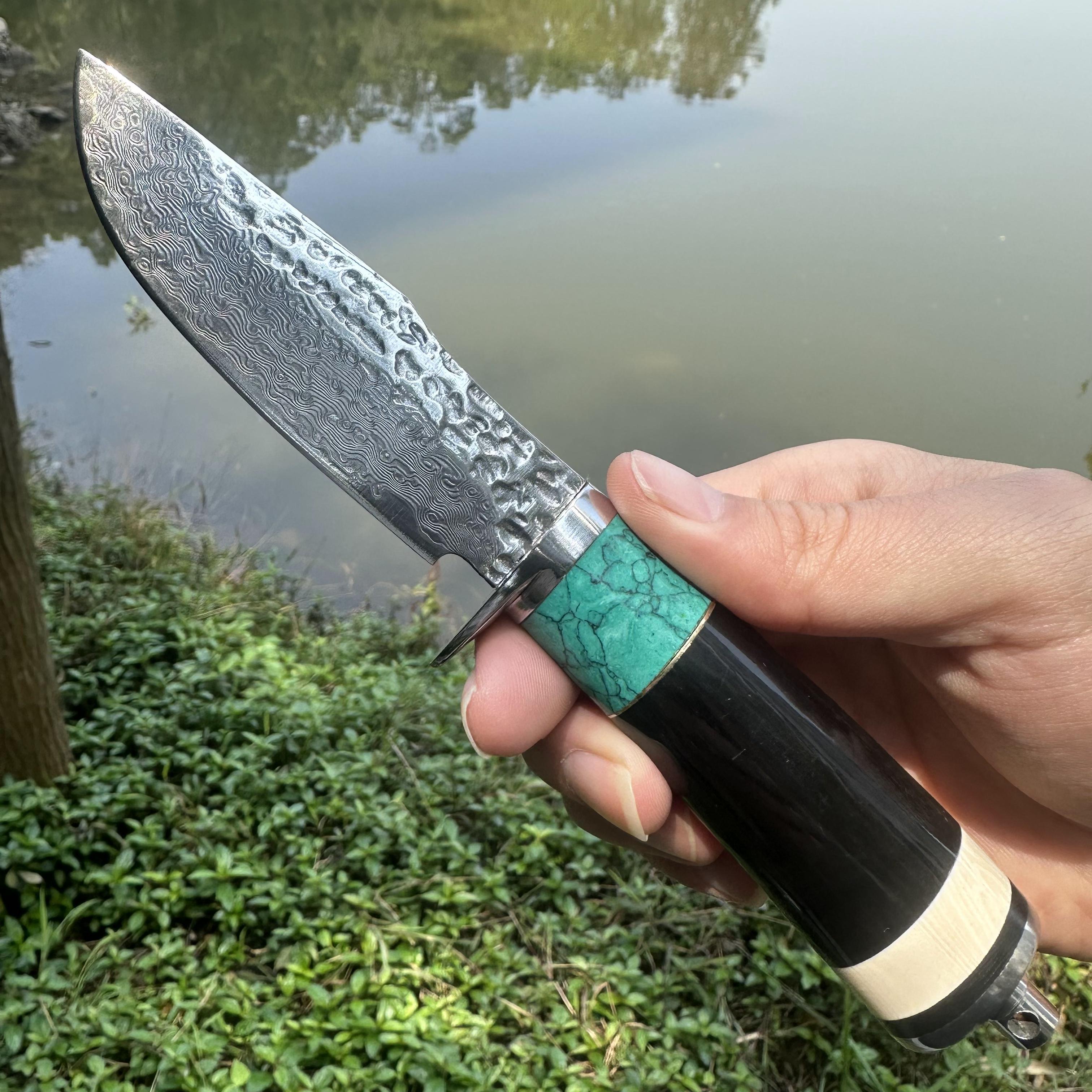 A033 Fixed Damascus VG10 Blade Knife White Beef Bone Handle Leather Sheath