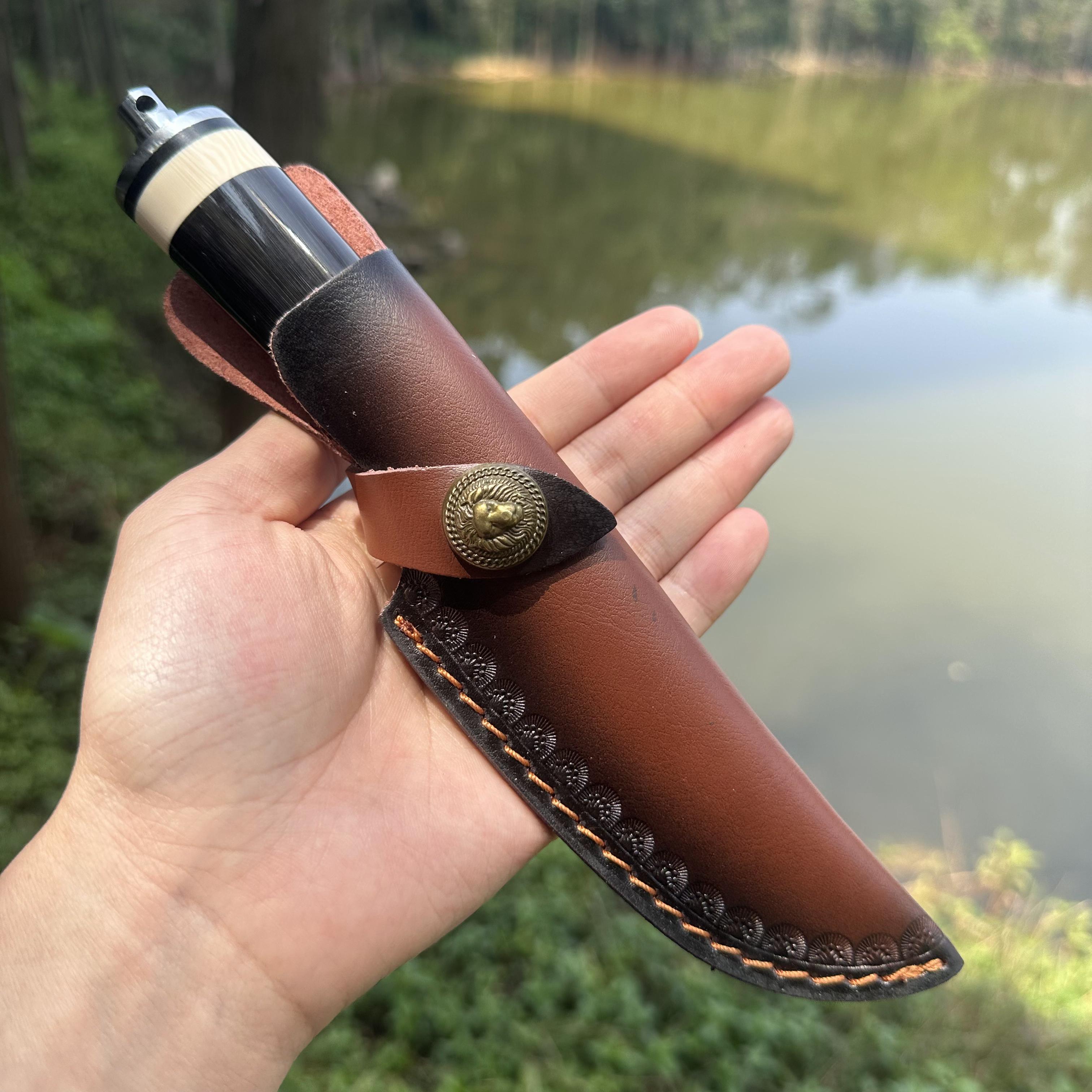 A033 Fixed Damascus VG10 Blade Knife White Beef Bone Handle Leather Sheath