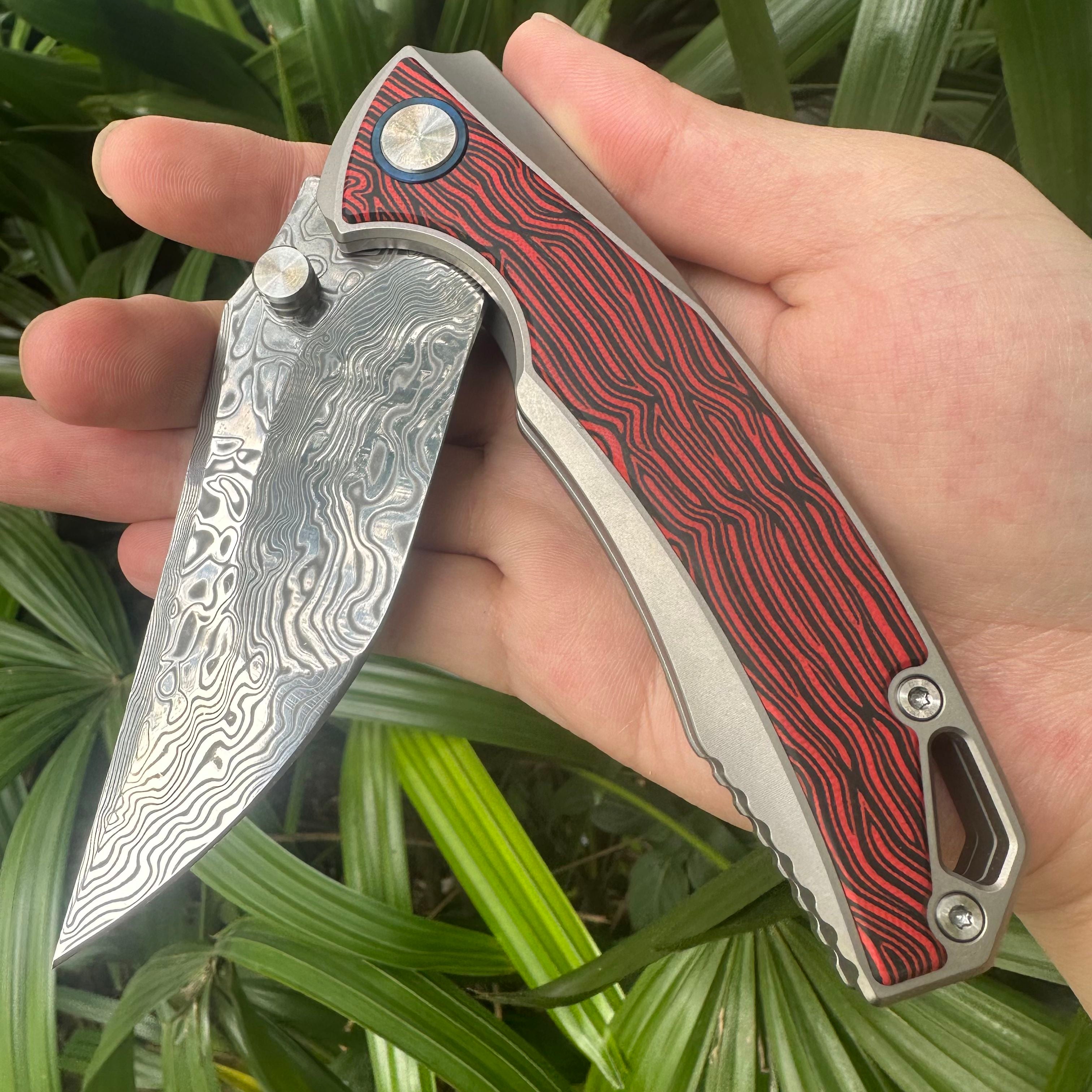 TT2035 Damascus Powder Steel Blade Titanium Alloy Handle Pocket Knife Frame Lock