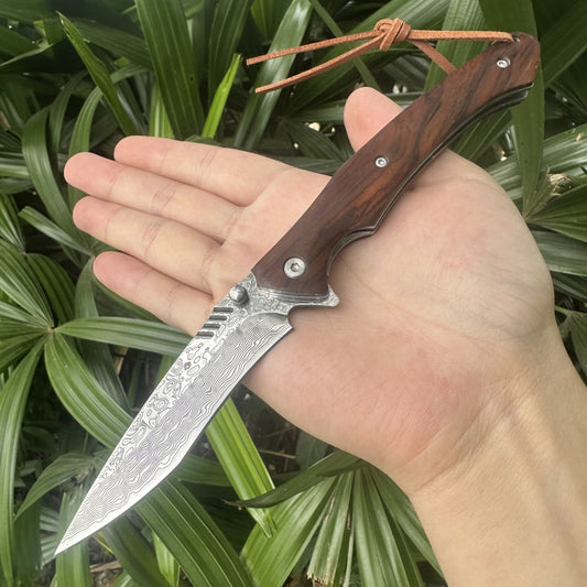 RJ19 Damascus Blade Cocobolo Handle Pocket Knife Liner Lock