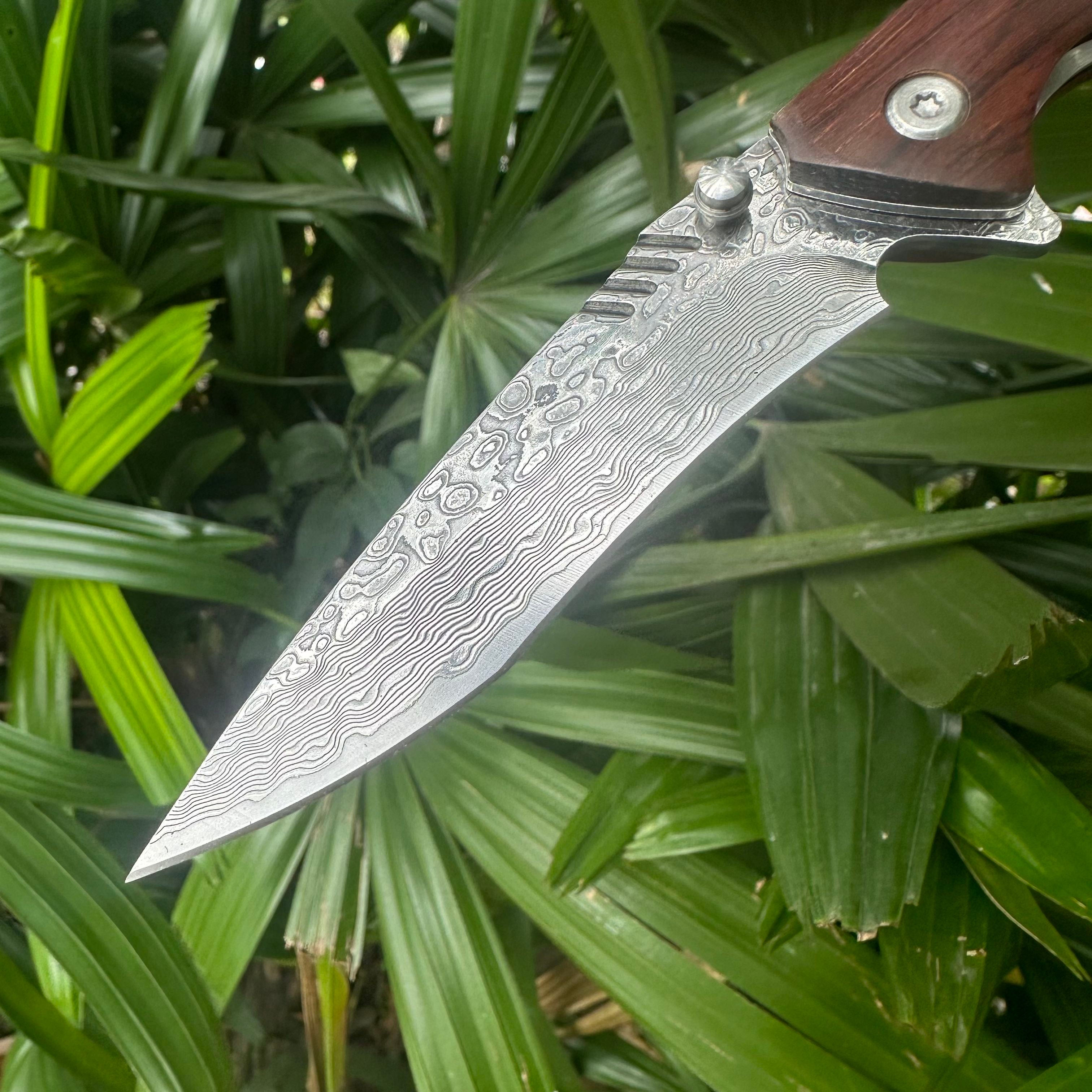 RJ19 Damascus Blade Cocobolo Handle Pocket Knife Liner Lock