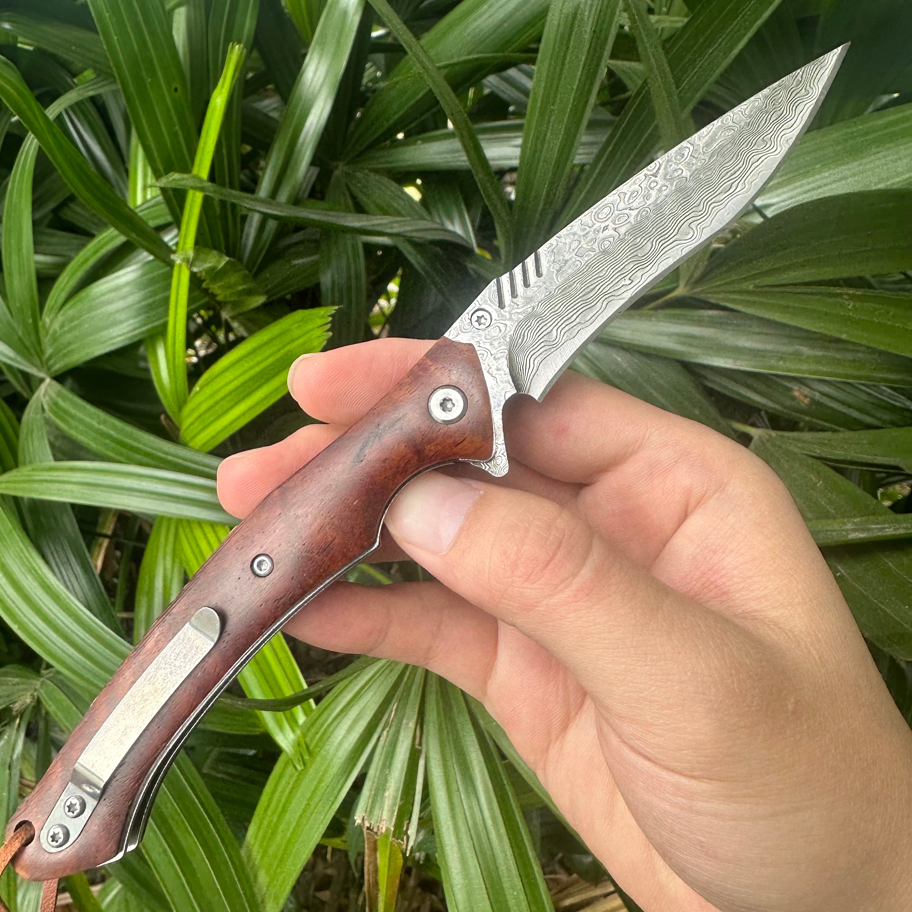 RJ19 Damascus Blade Cocobolo Handle Pocket Knife Liner Lock