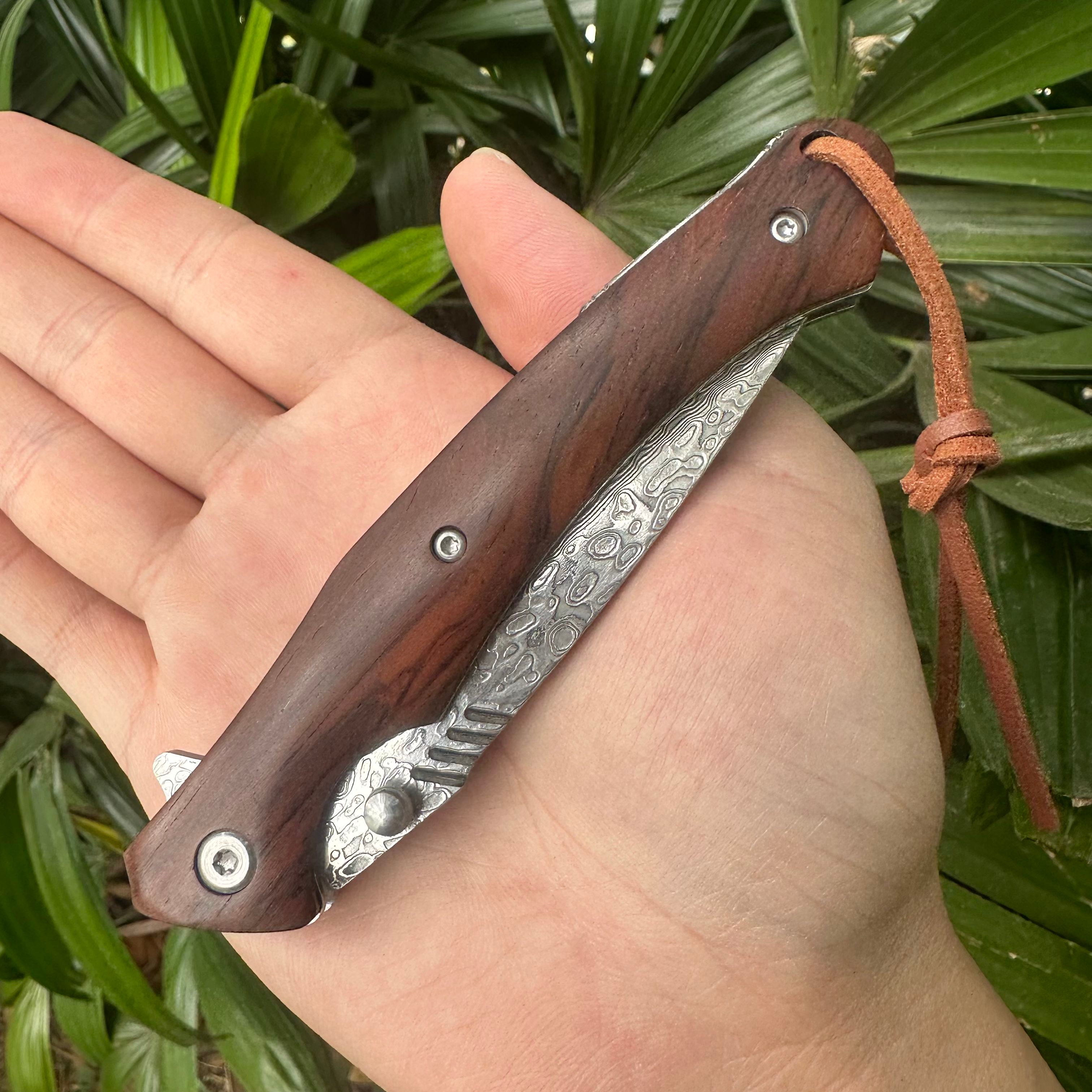 RJ19 Damascus Blade Cocobolo Handle Pocket Knife Liner Lock