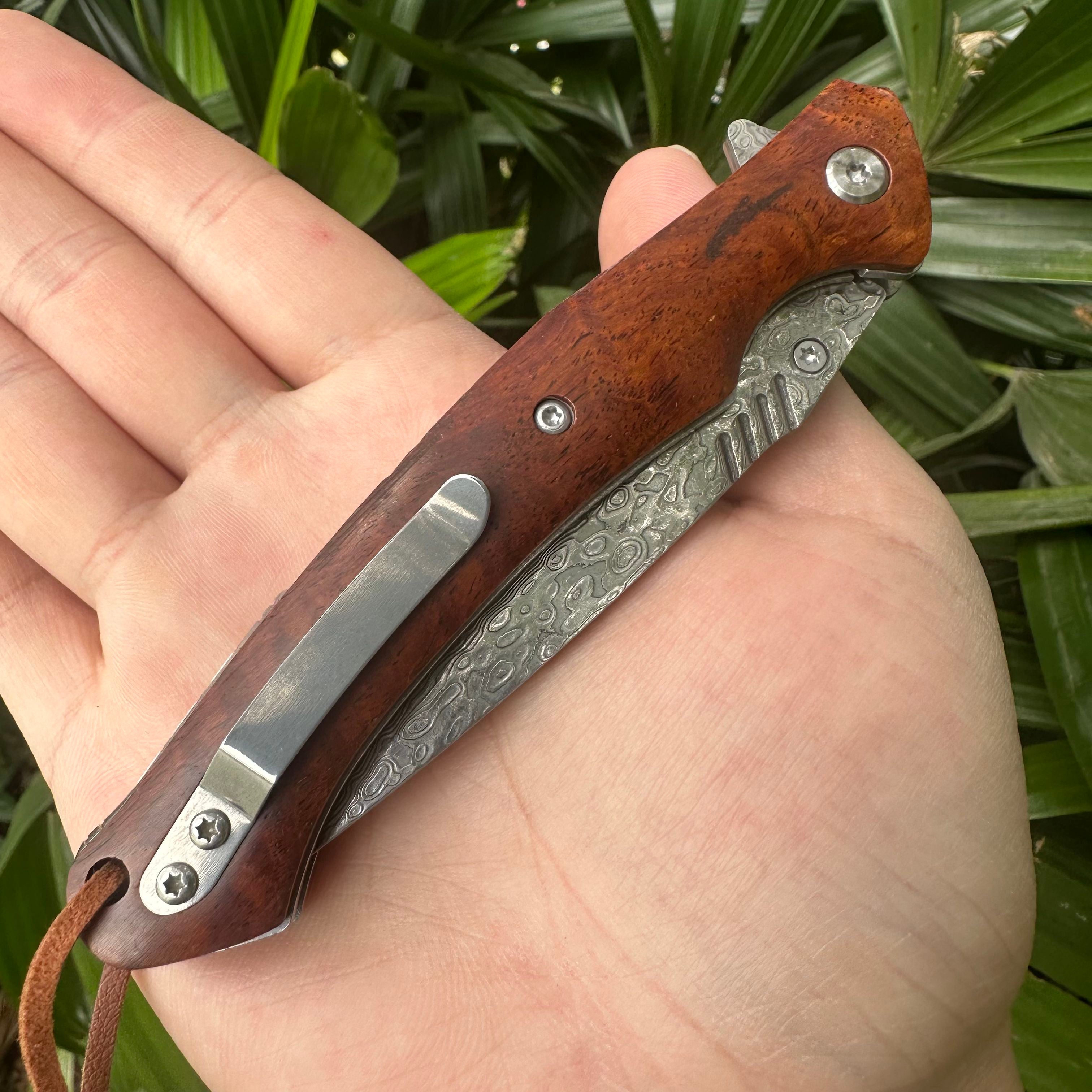 RJ19 Damascus Blade Cocobolo Handle Pocket Knife Liner Lock