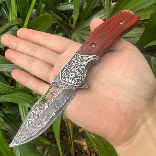 RJ20 Damascus Blade Cocobolo Handle Pocket Knife Liner Lock