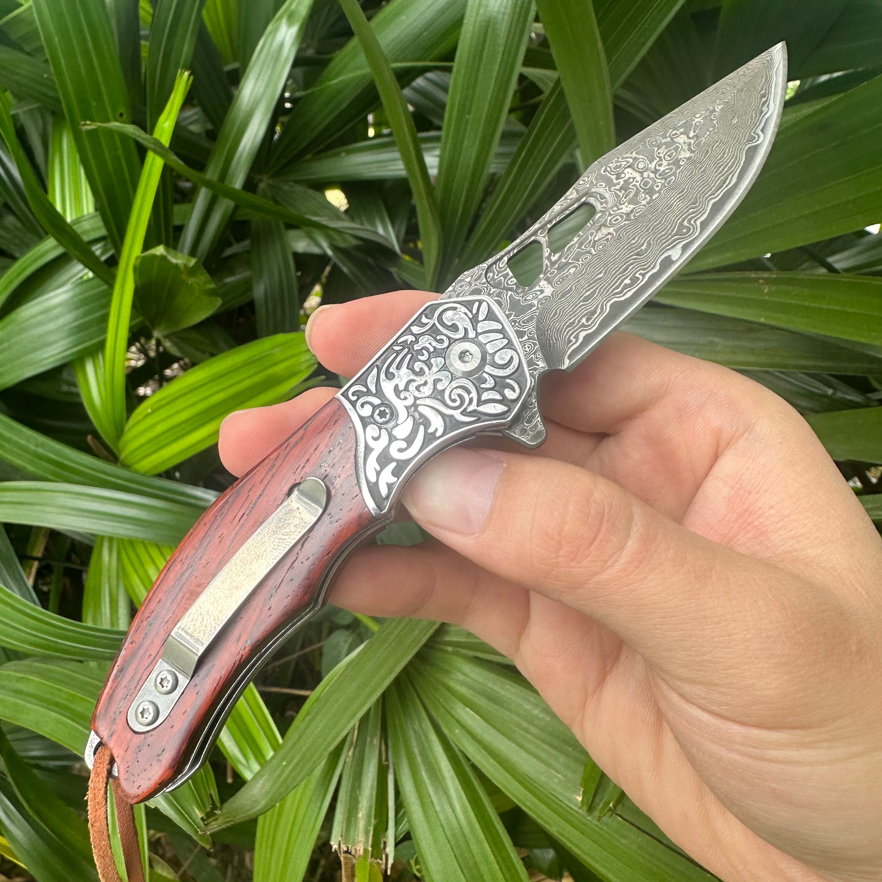 RJ20 Damascus Blade Cocobolo Handle Pocket Knife Liner Lock