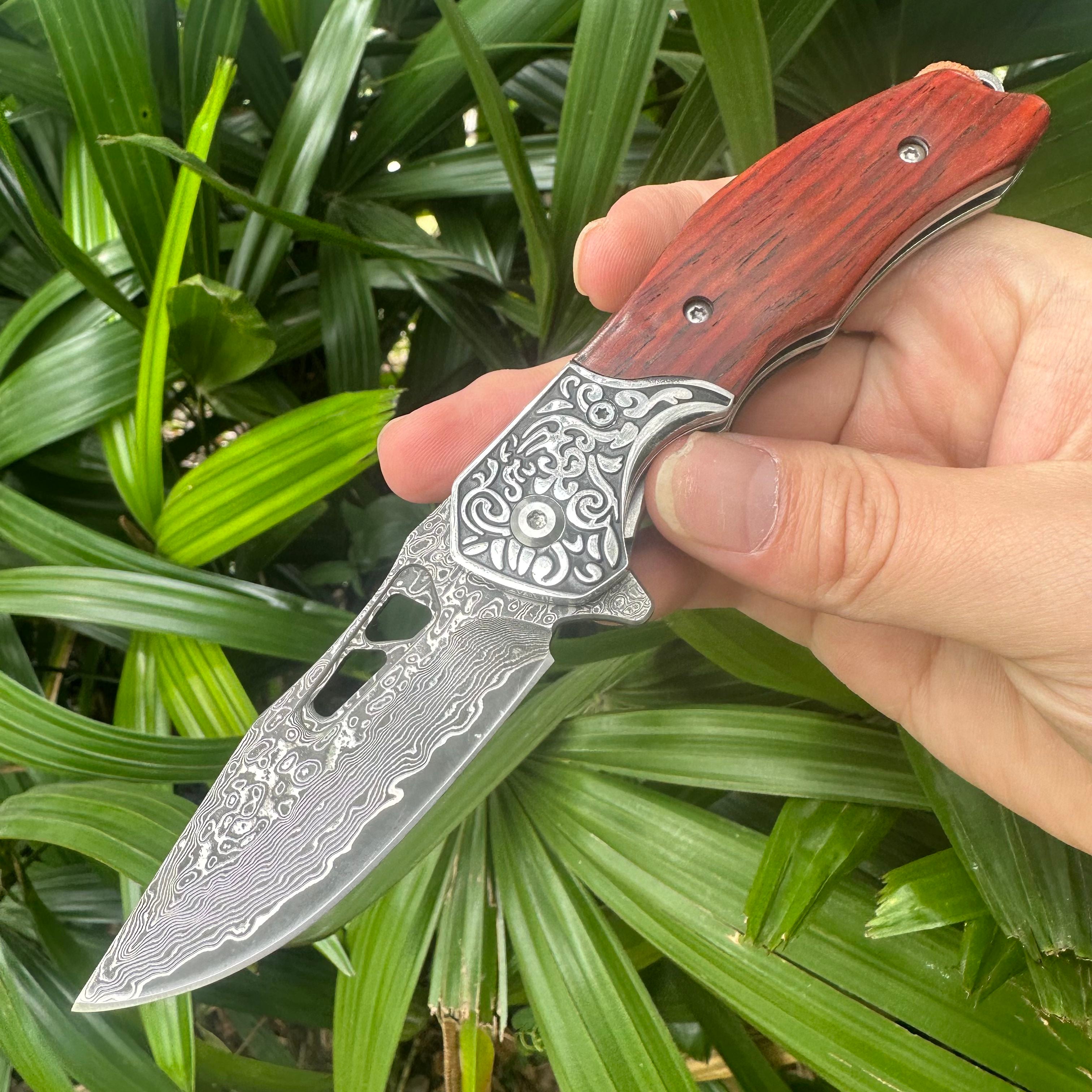 RJ20 Damascus Blade Cocobolo Handle Pocket Knife Liner Lock