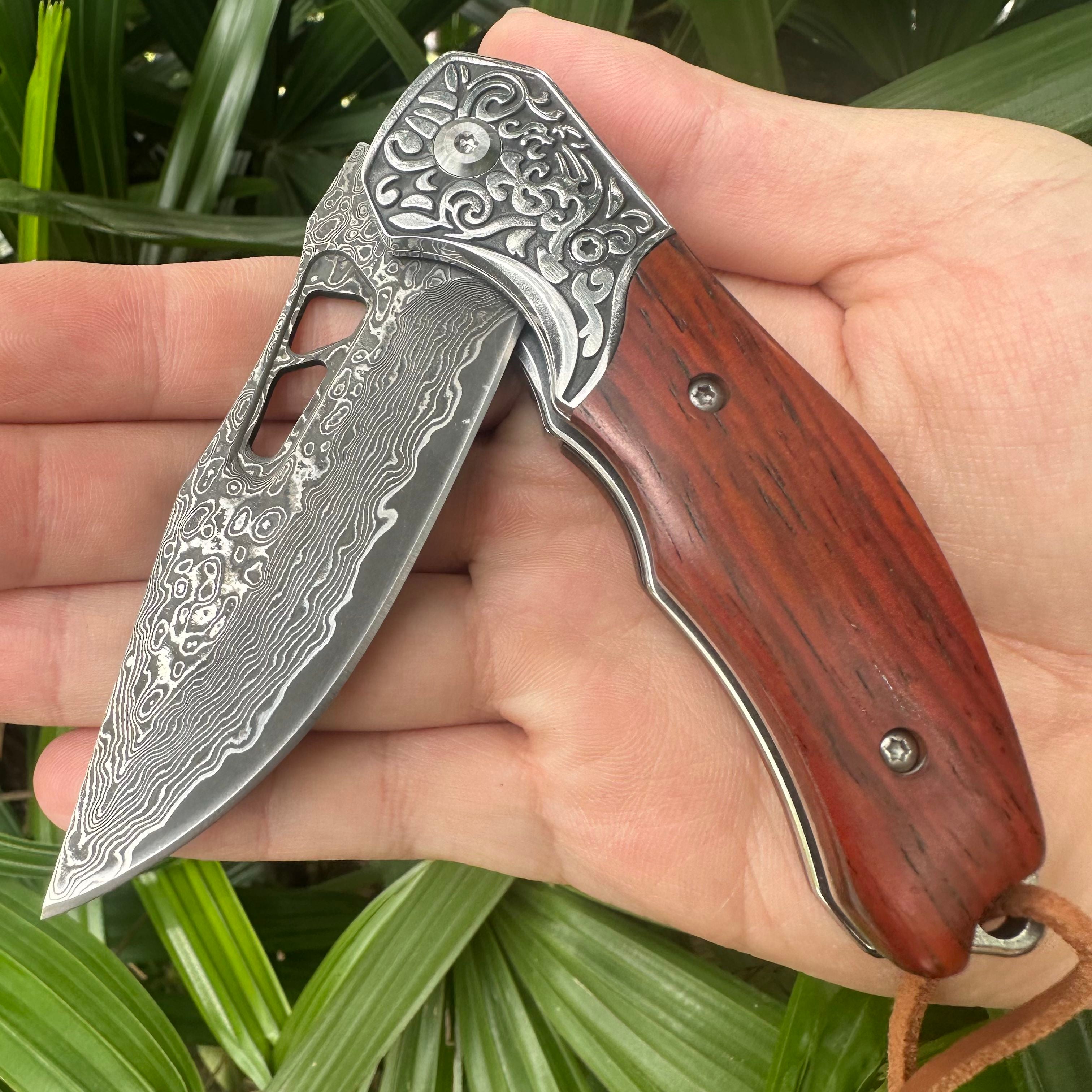 RJ20 Damascus Blade Cocobolo Handle Pocket Knife Liner Lock