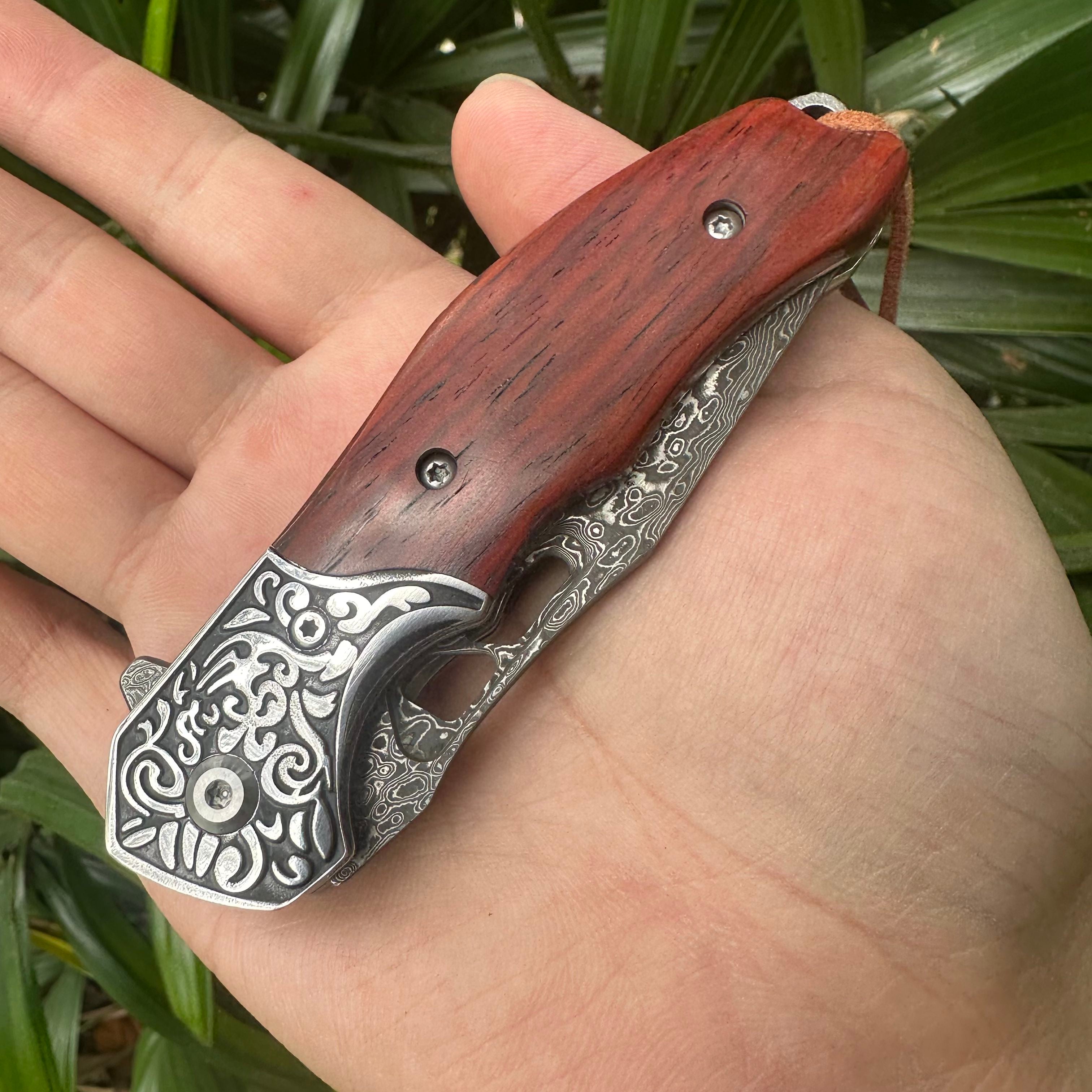 RJ20 Damascus Blade Cocobolo Handle Pocket Knife Liner Lock