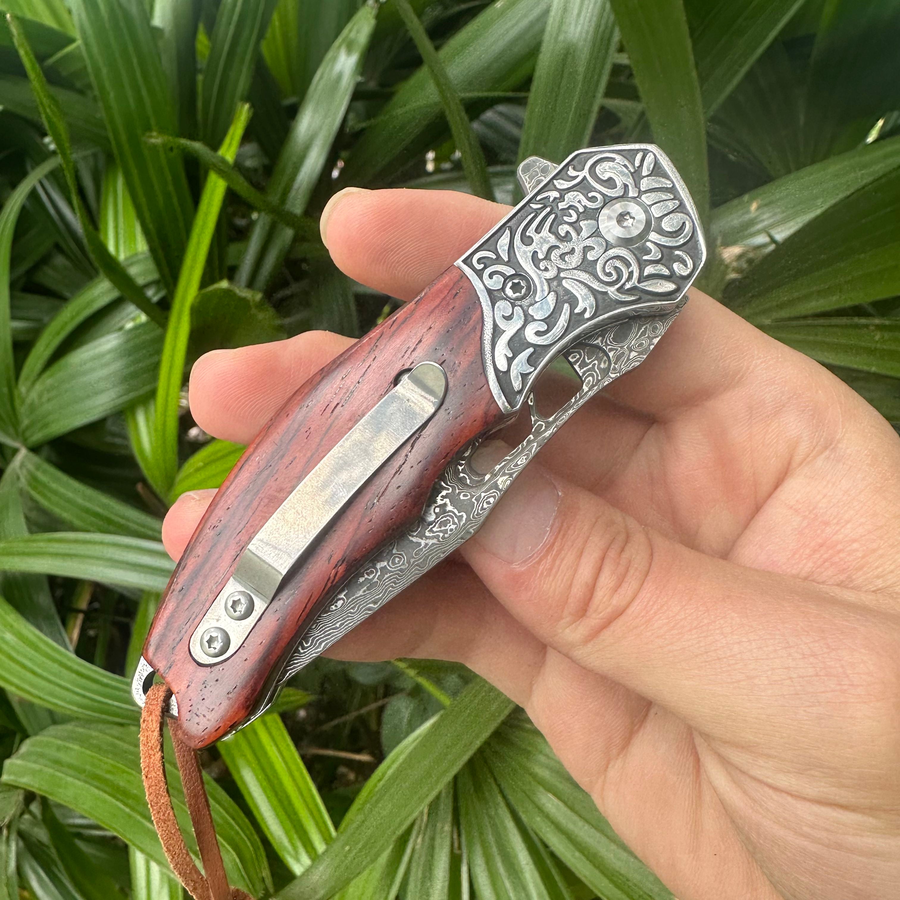 RJ20 Damascus Blade Cocobolo Handle Pocket Knife Liner Lock