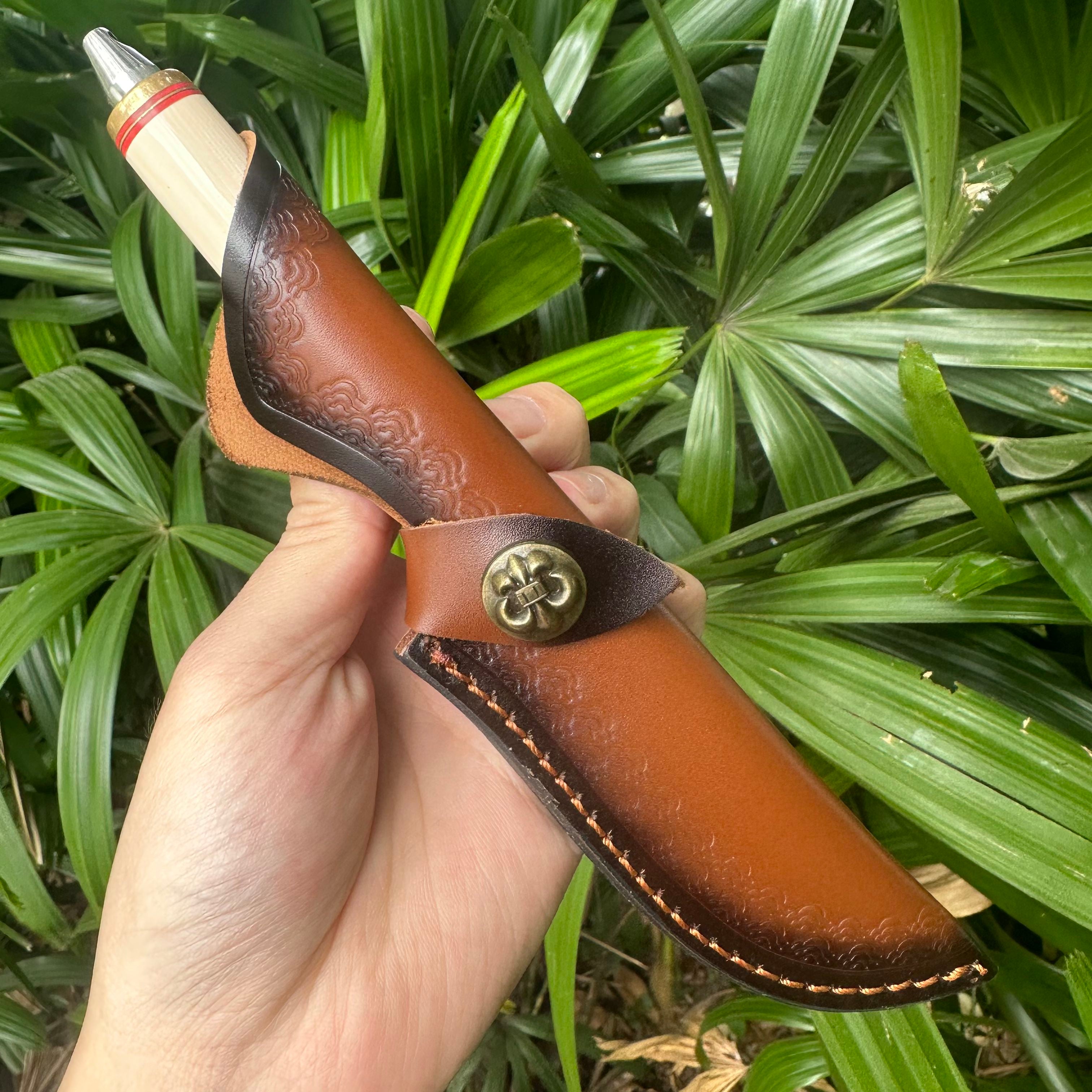 A038 Mini Fixed Damascus VG10 Blade Knife White Resin Handle Leather Sheath