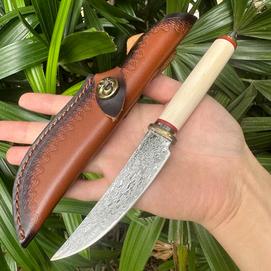 A038 Mini Fixed Damascus VG10 Blade Knife White Resin Handle Leather Sheath