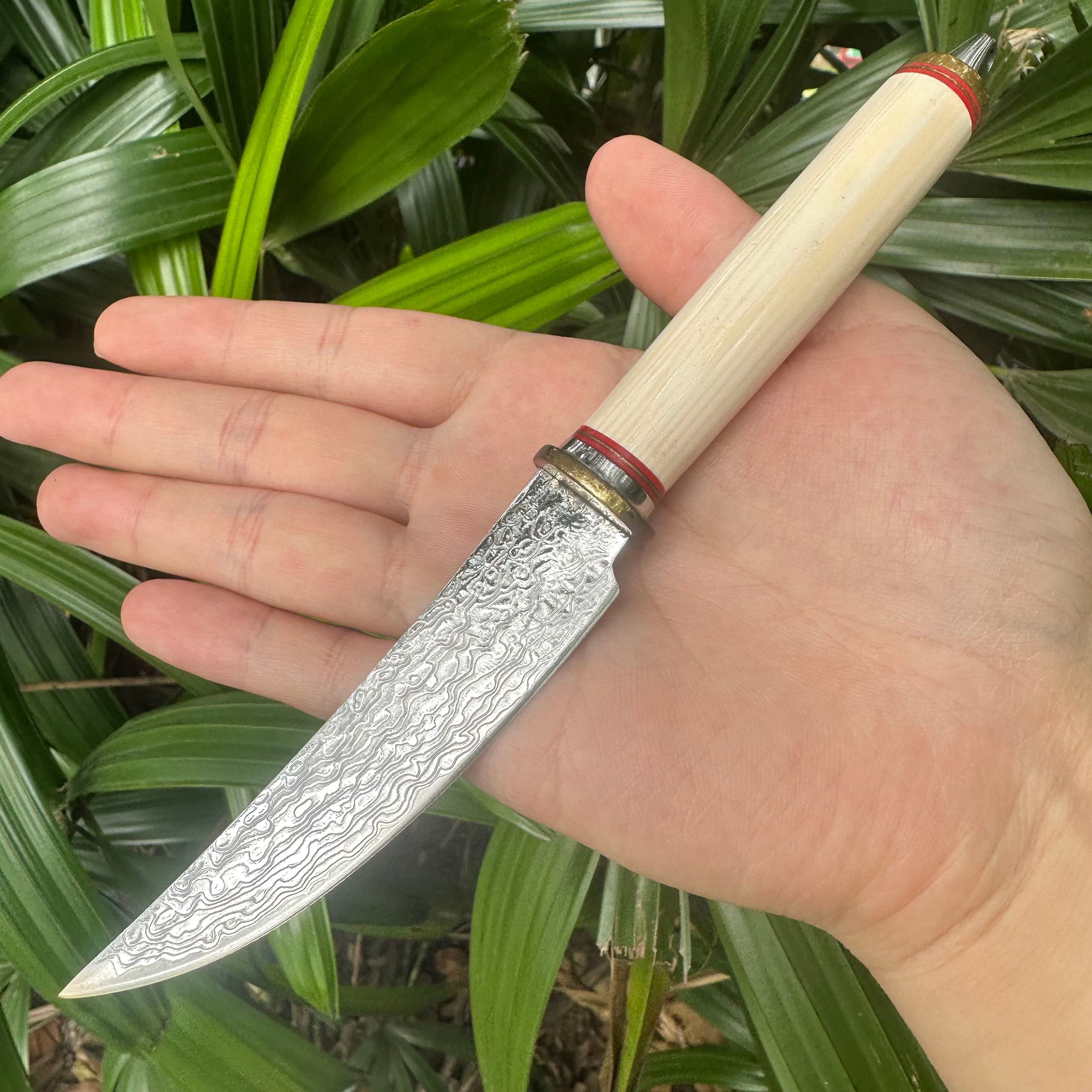 A038 Mini Fixed Damascus VG10 Blade Knife White Resin Handle Leather Sheath