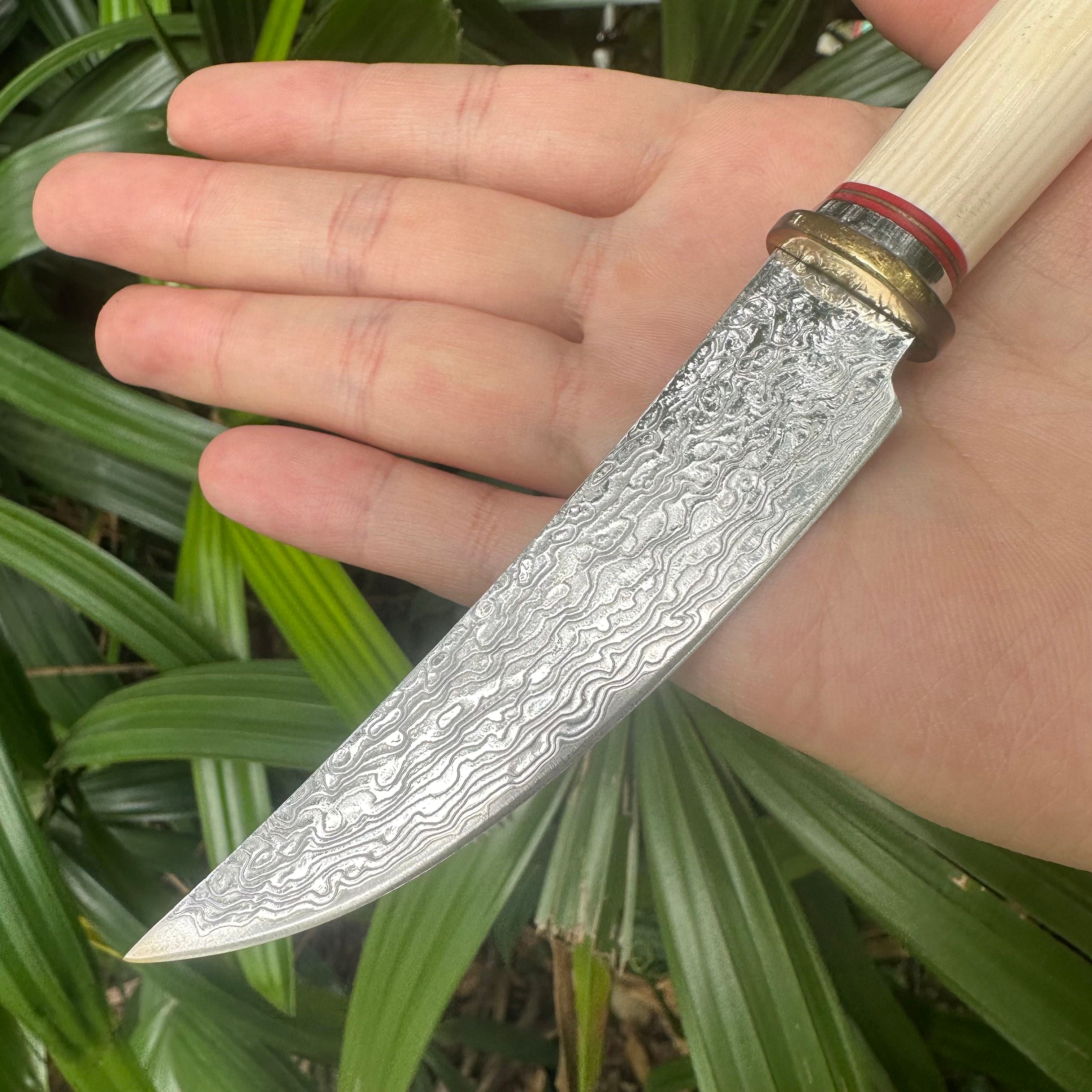 A038 Mini Fixed Damascus VG10 Blade Knife White Resin Handle Leather Sheath