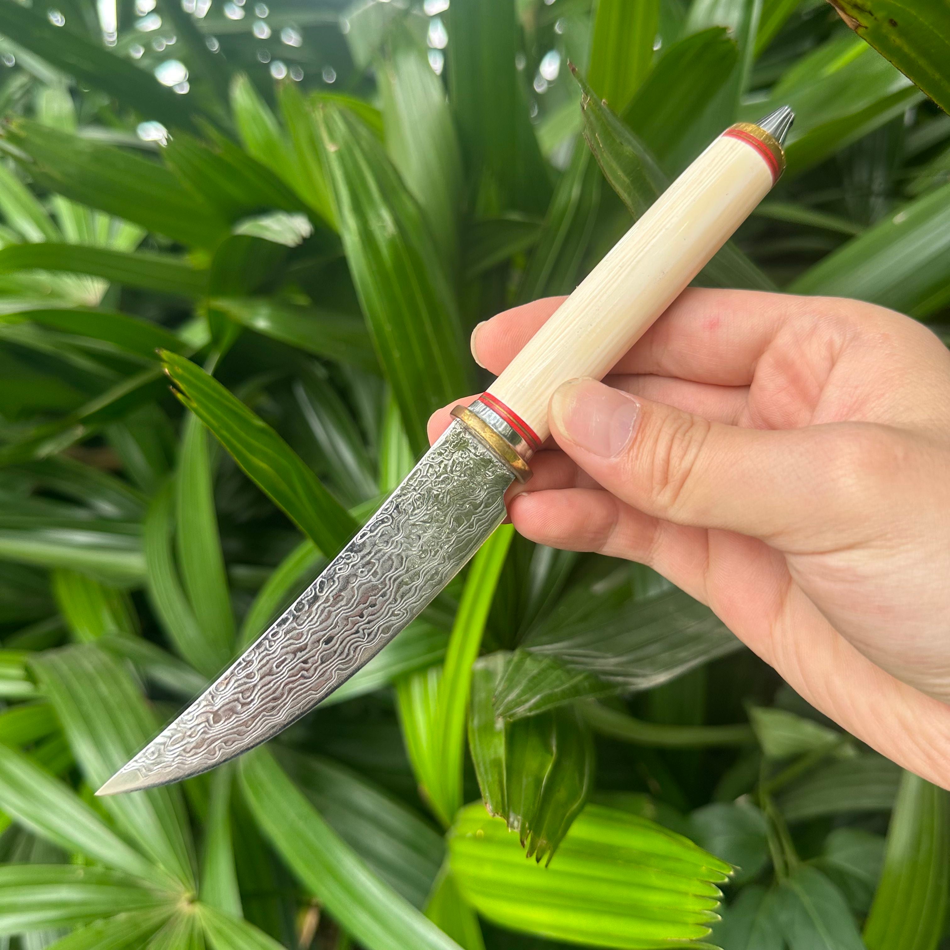 A038 Mini Fixed Damascus VG10 Blade Knife White Resin Handle Leather Sheath