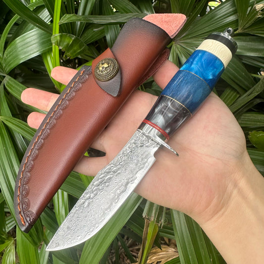 A036 Fiexd Damascus VG10 Blade Beef Bone Handle Leather Sheath