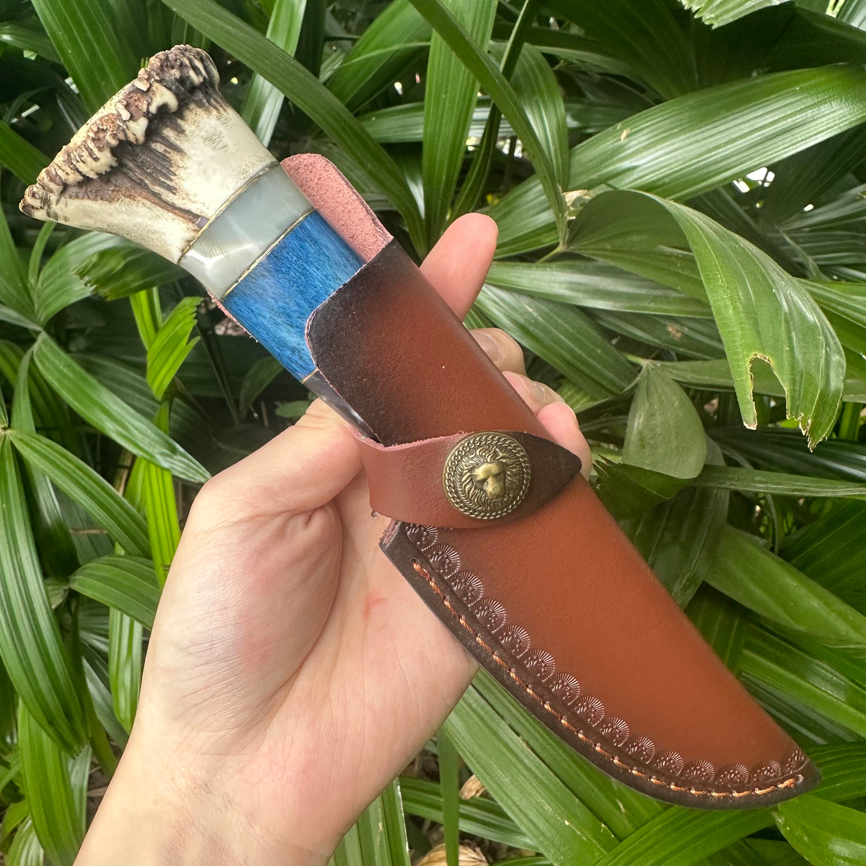 A037 Fiexd Damascus VG10 Blade OX Bone+Antlers Handle Leather Sheath