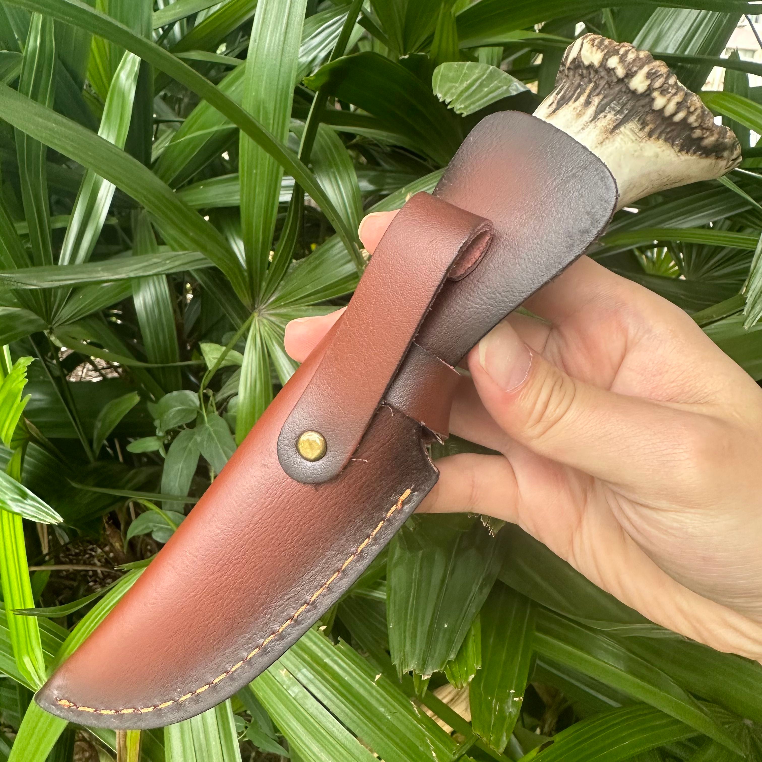 A037 Fiexd Damascus VG10 Blade OX Bone+Antlers Handle Leather Sheath