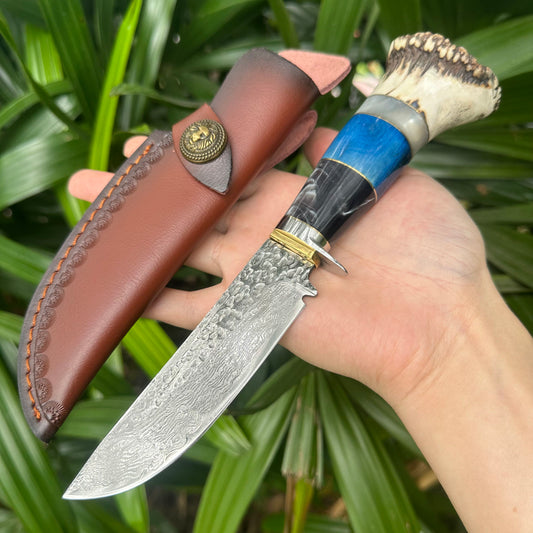 A037 Fiexd Damascus VG10 Blade OX Bone+Antlers Handle Leather Sheath