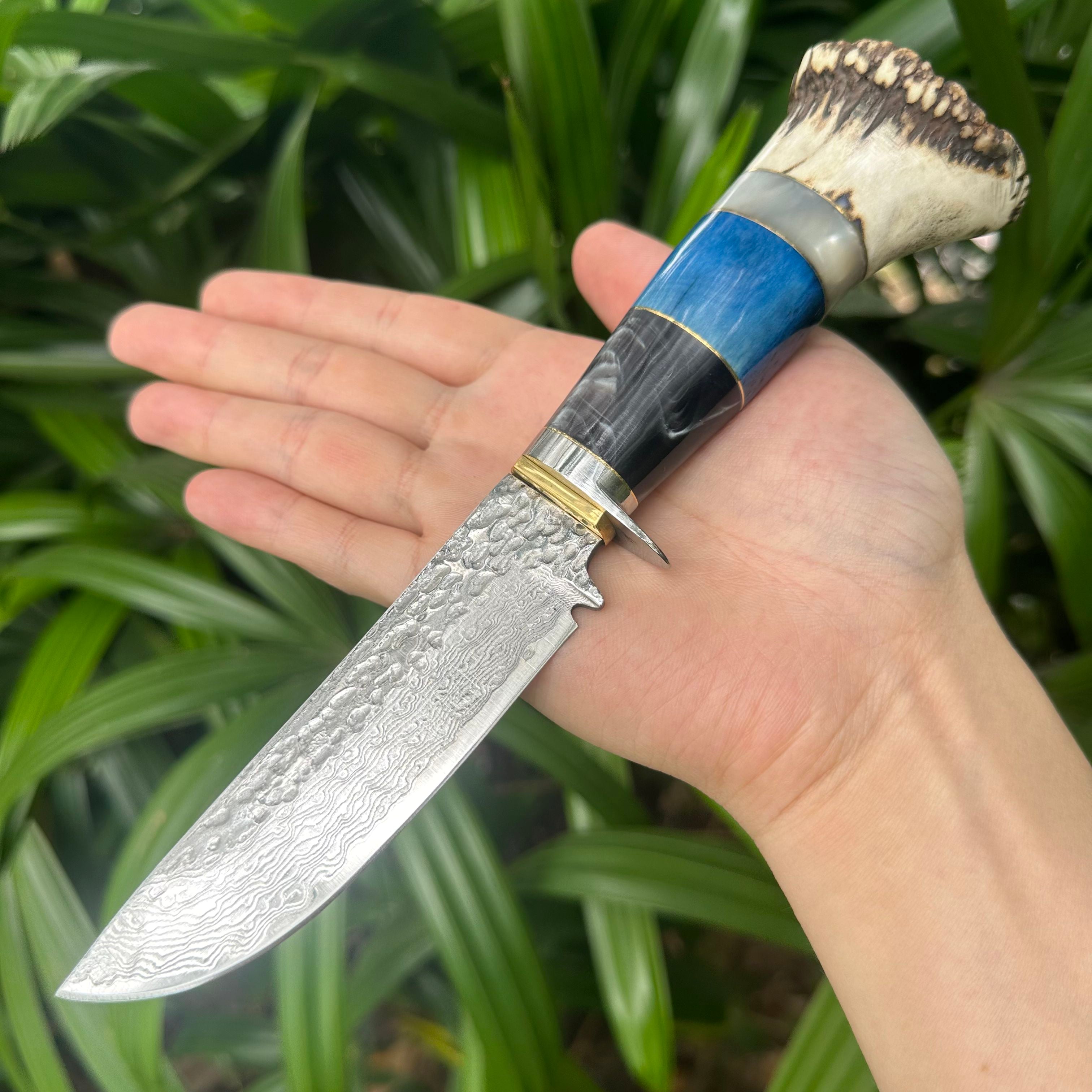 A037 Fiexd Damascus VG10 Blade OX Bone+Antlers Handle Leather Sheath