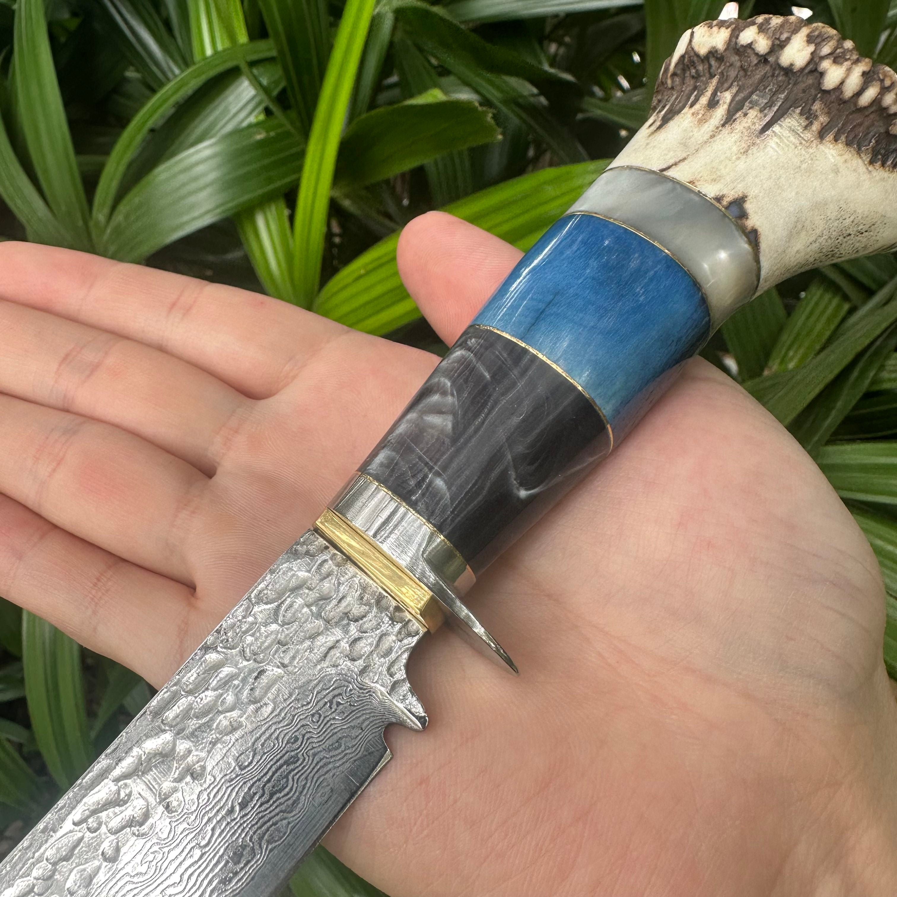 A037 Fiexd Damascus VG10 Blade OX Bone+Antlers Handle Leather Sheath