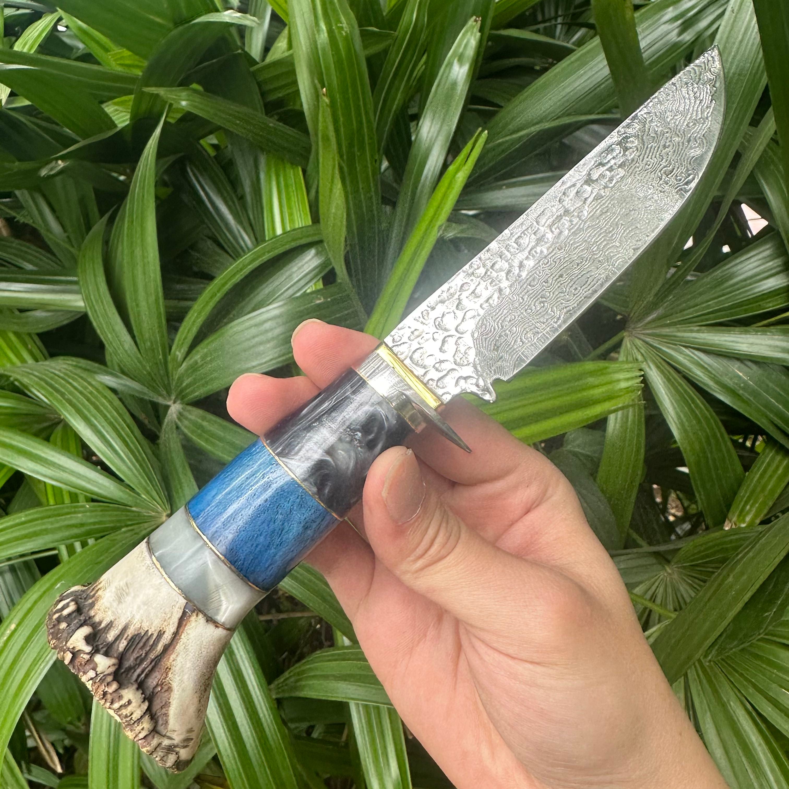 A037 Fiexd Damascus VG10 Blade OX Bone+Antlers Handle Leather Sheath