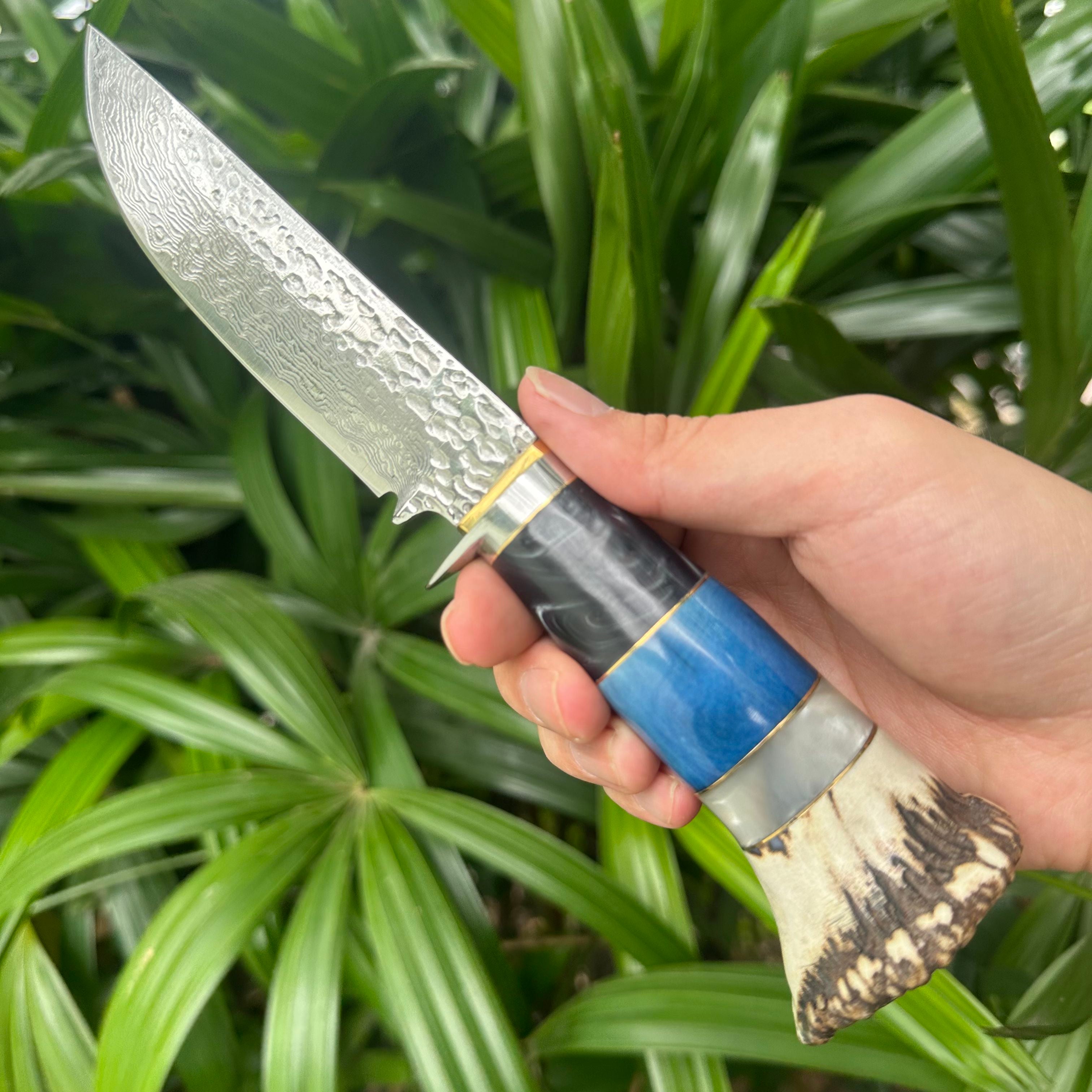 A037 Fiexd Damascus VG10 Blade OX Bone+Antlers Handle Leather Sheath