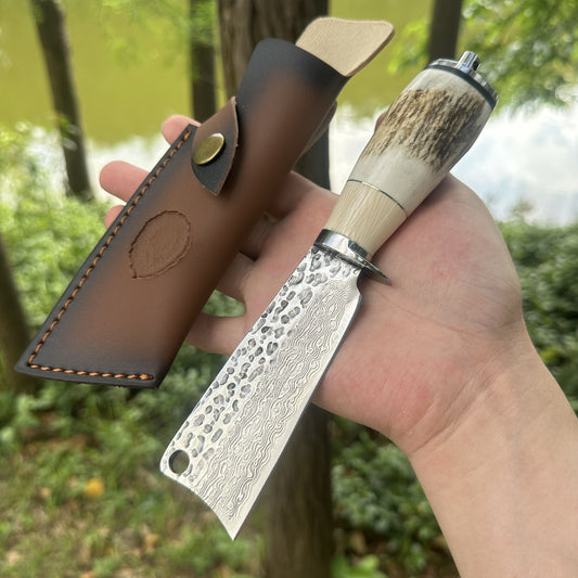 A039 Fixed Damascus VG10 Blade Antlers Handle Chopper Knife Leather Sheath