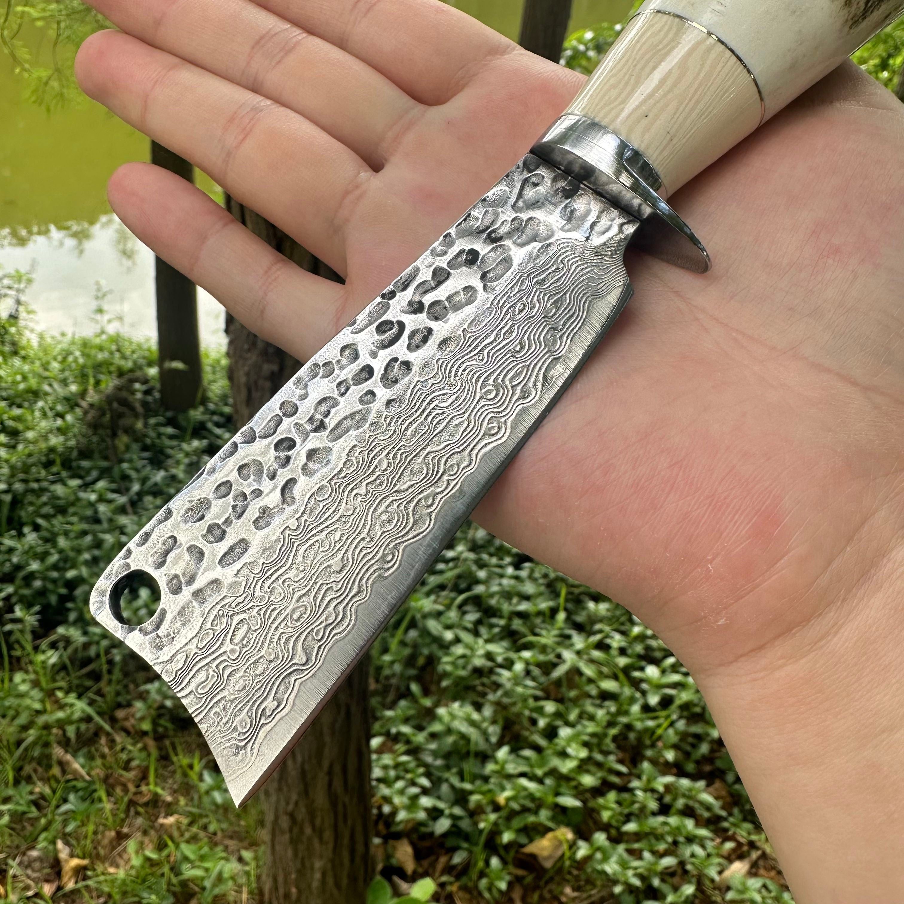 A039 Fixed Damascus VG10 Blade Antlers Handle Chopper Knife Leather Sheath