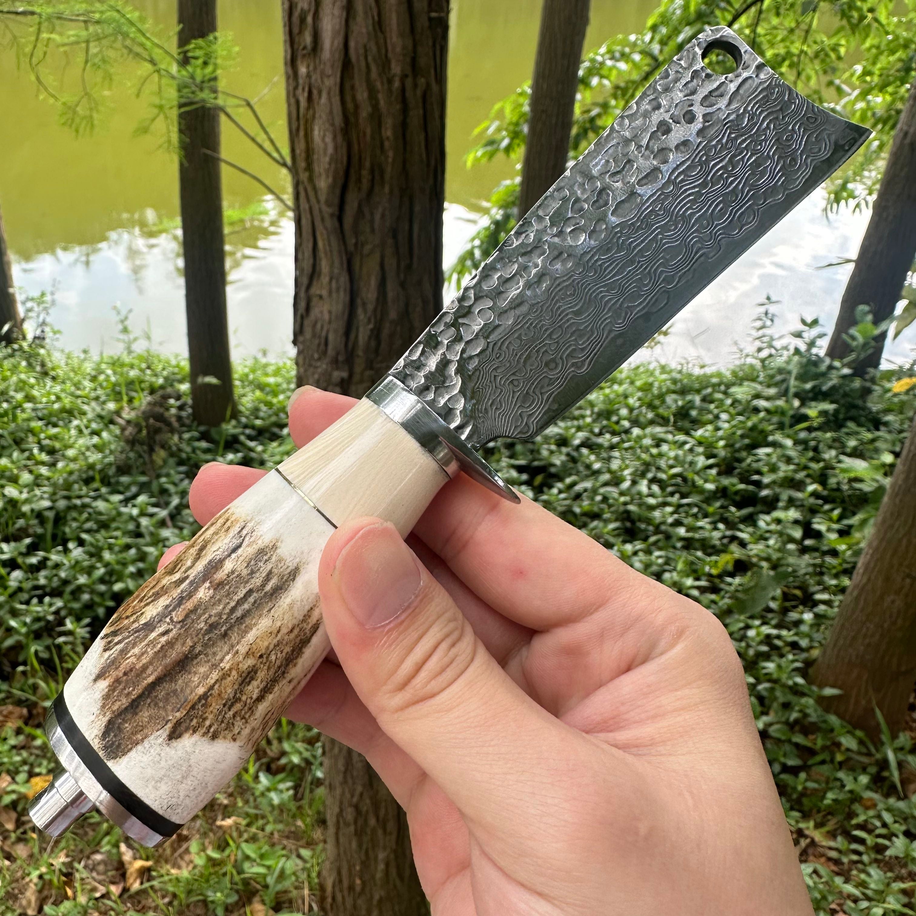 A039 Fixed Damascus VG10 Blade Antlers Handle Chopper Knife Leather Sheath