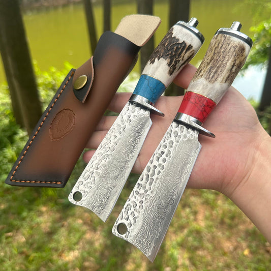 A040 Fixed Damascus VG10 Blade Antlers Handle Chopper Knife Leather Sheath